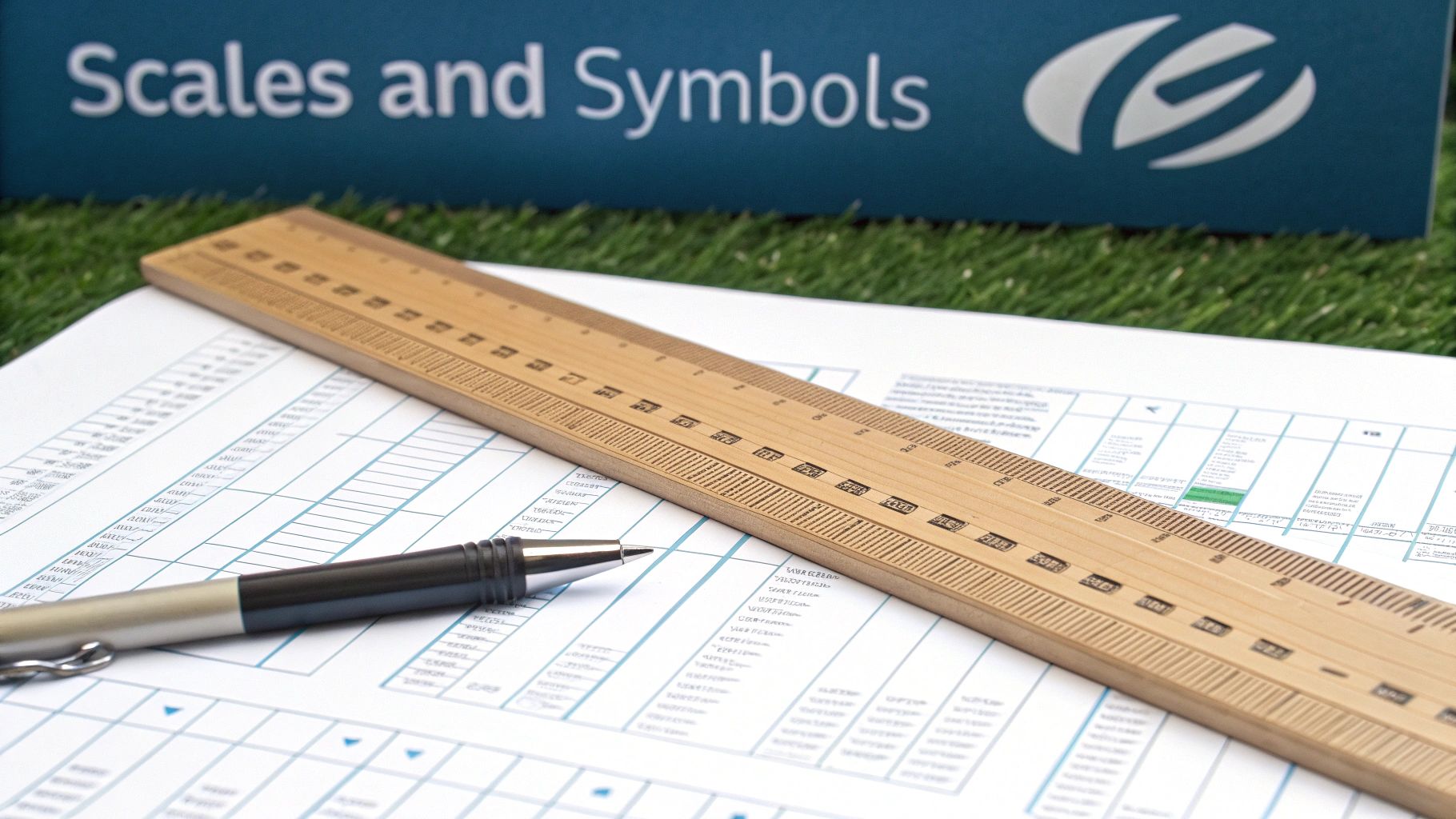 A wooden ruler, pen, and document on a drafting table, with a sign showing 'Scales and Symbols'.