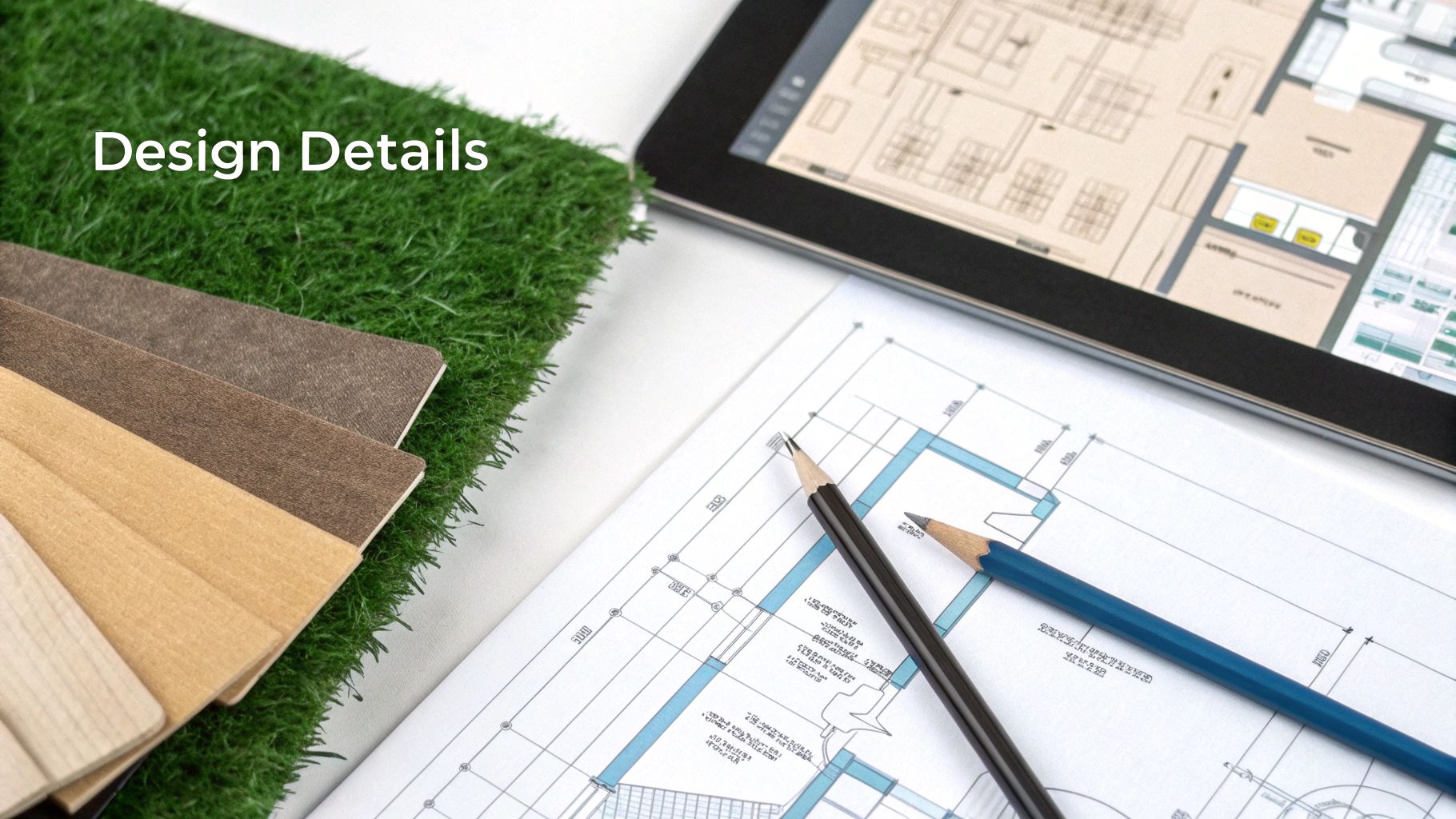 Architectural construction documents spread out on a large table.