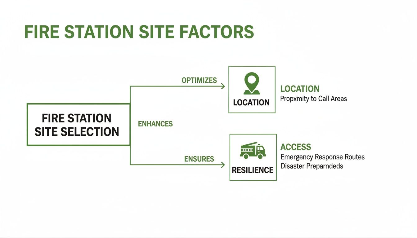 Flowchart detailing fire station site selection factors: location for proximity, and resilience for access and disaster preparedness.