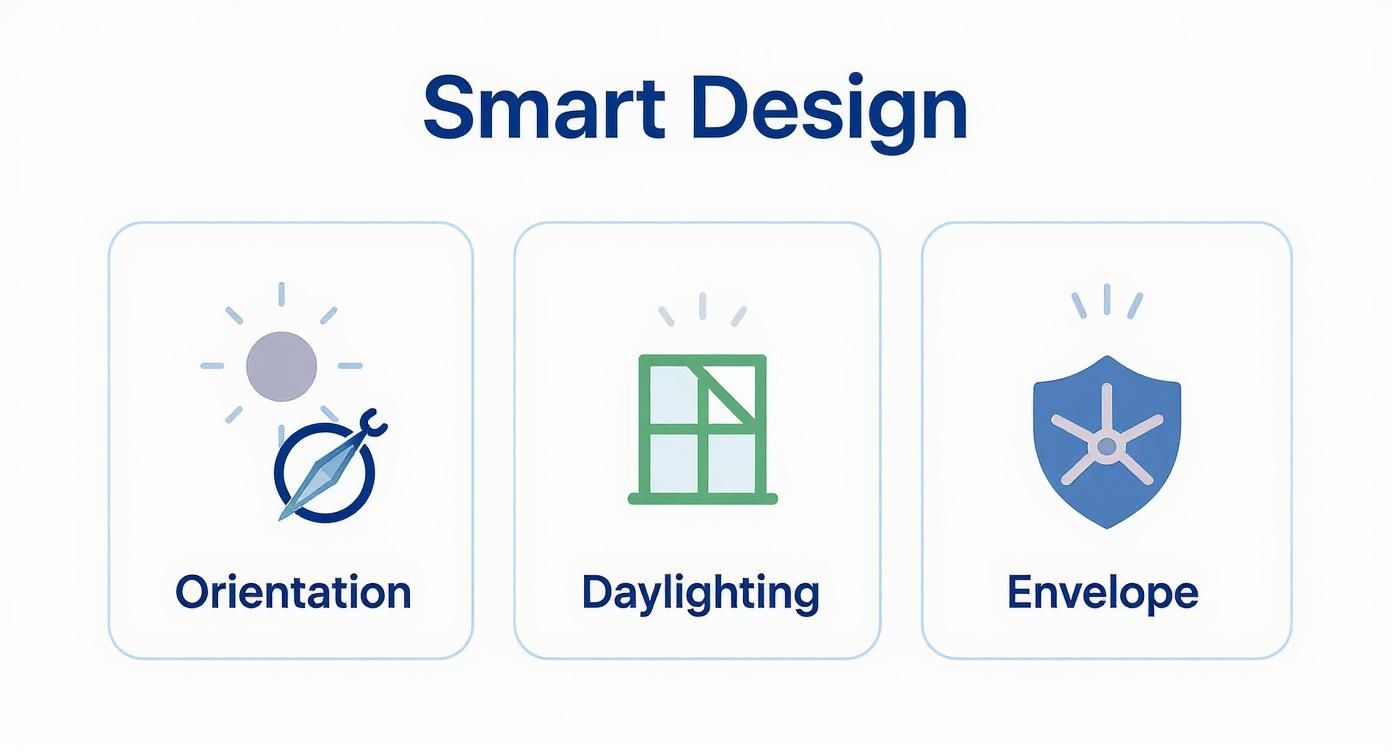 An infographic illustrating smart design principles: orientation, daylighting, and building envelope, with descriptive icons.