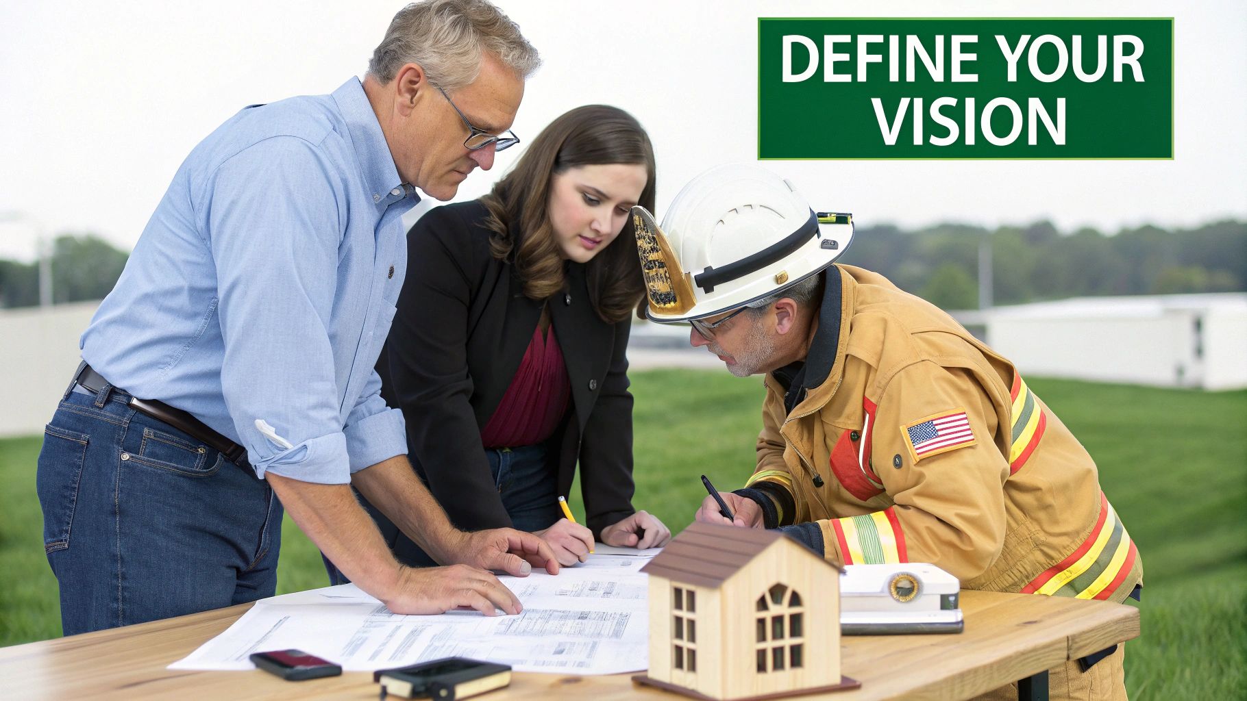 A firefighter, architect, and client discuss building plans around a table with a house model.