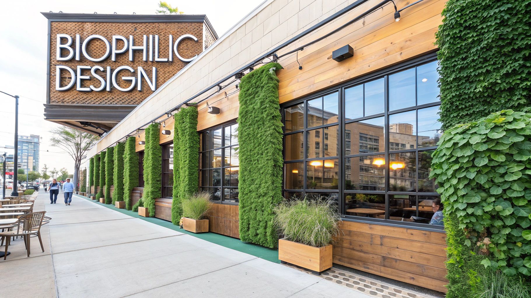 The exterior of a modern building featuring "Biophilic Design" signage, vertical green walls, and large windows, with a sidewalk.