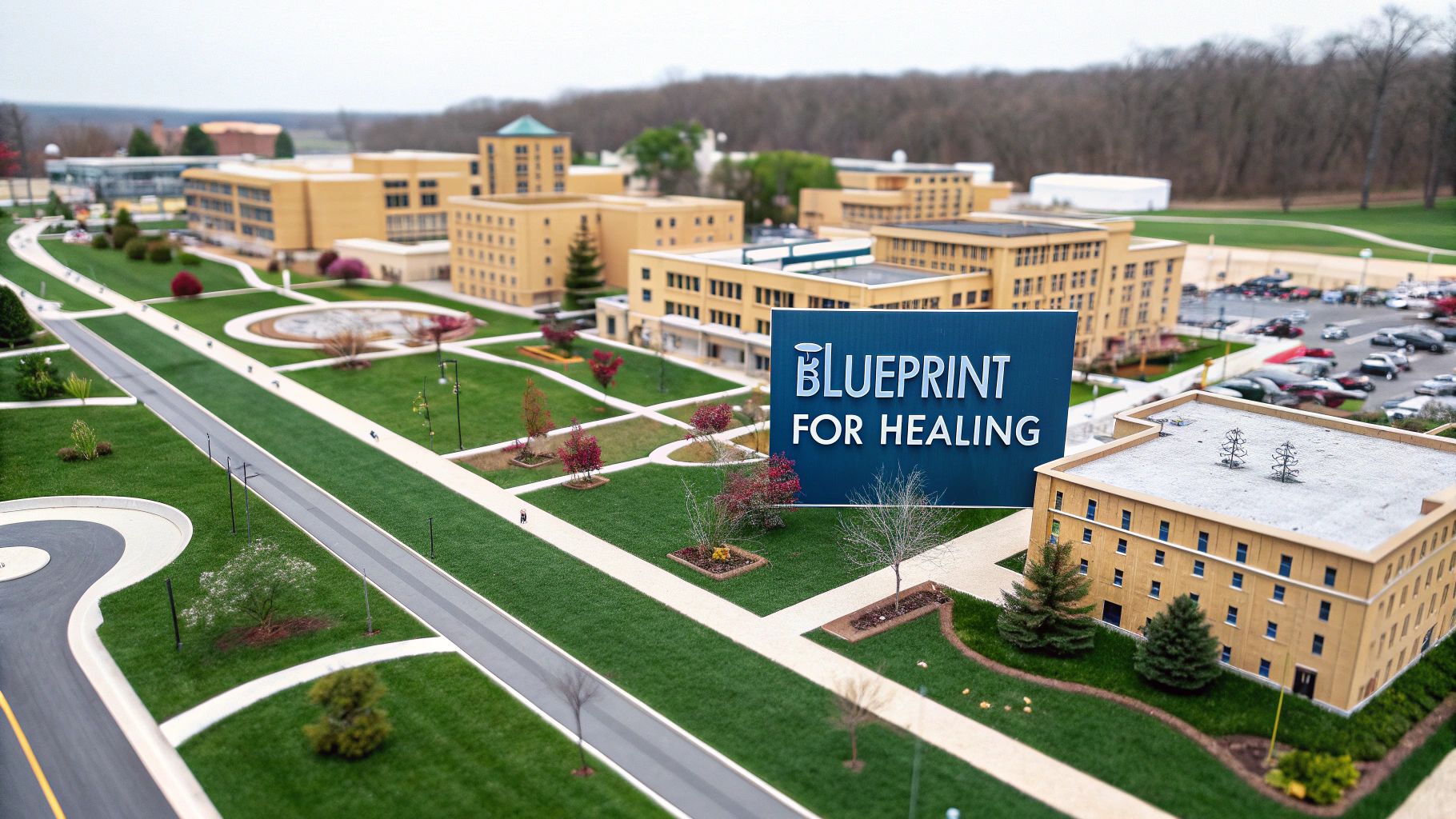 Aerial view of a modern campus with tan buildings, green lawns, and a 'Blueprint for Healing' sign.