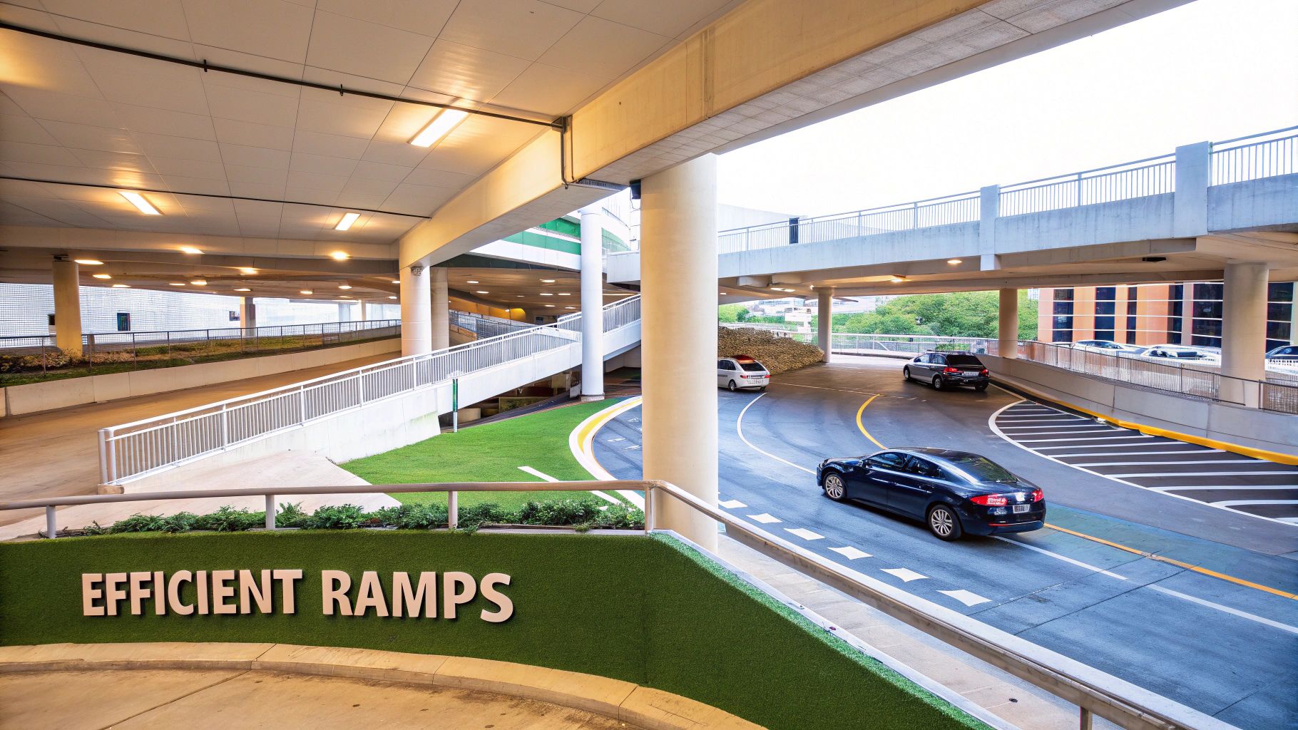 A modern multi-level parking garage with cars navigating curved ramps and a sign for efficient ramps.