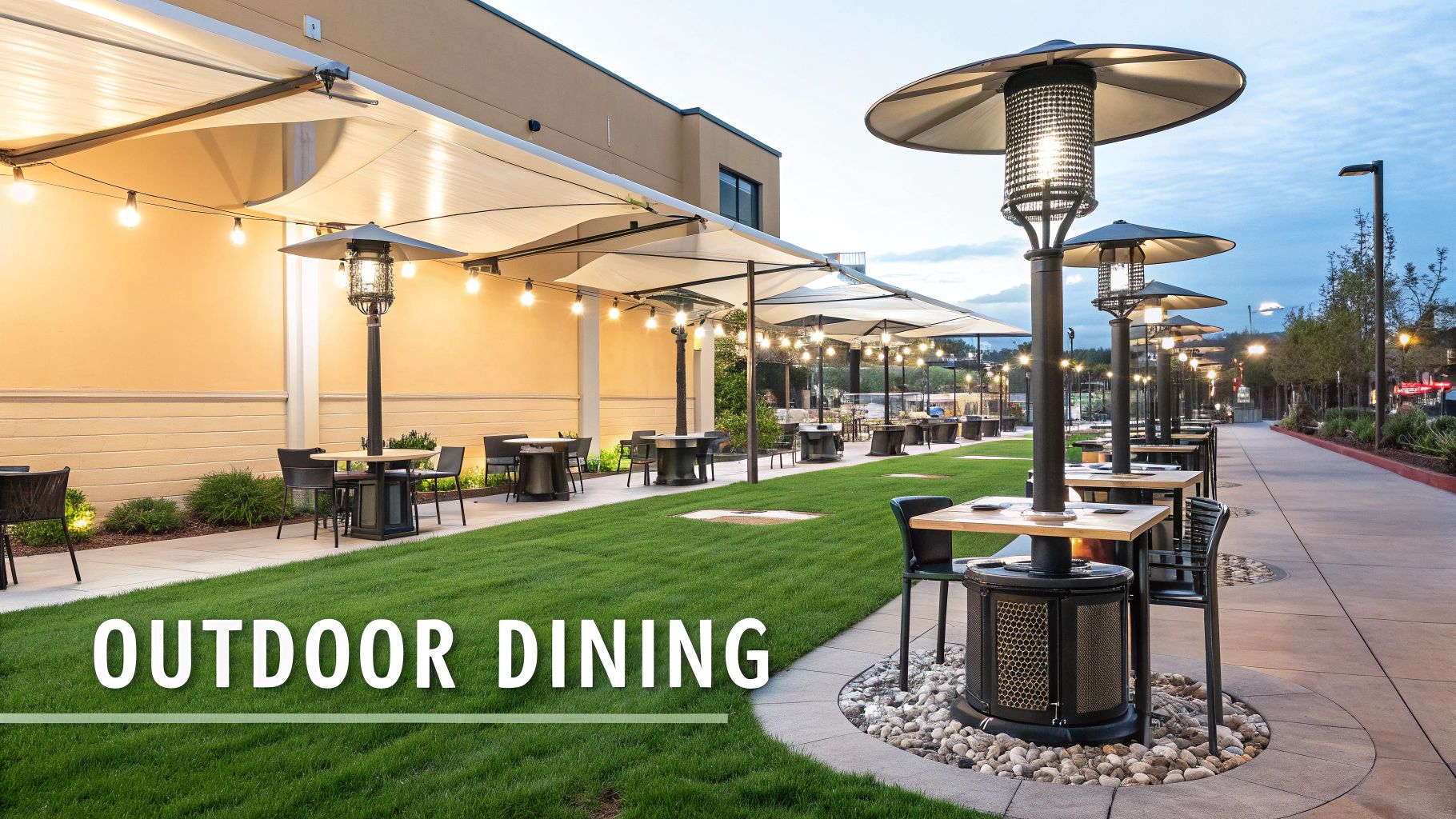 An inviting outdoor restaurant dining area with string lights, patio heaters, awnings, tables, and chairs on a lawn.