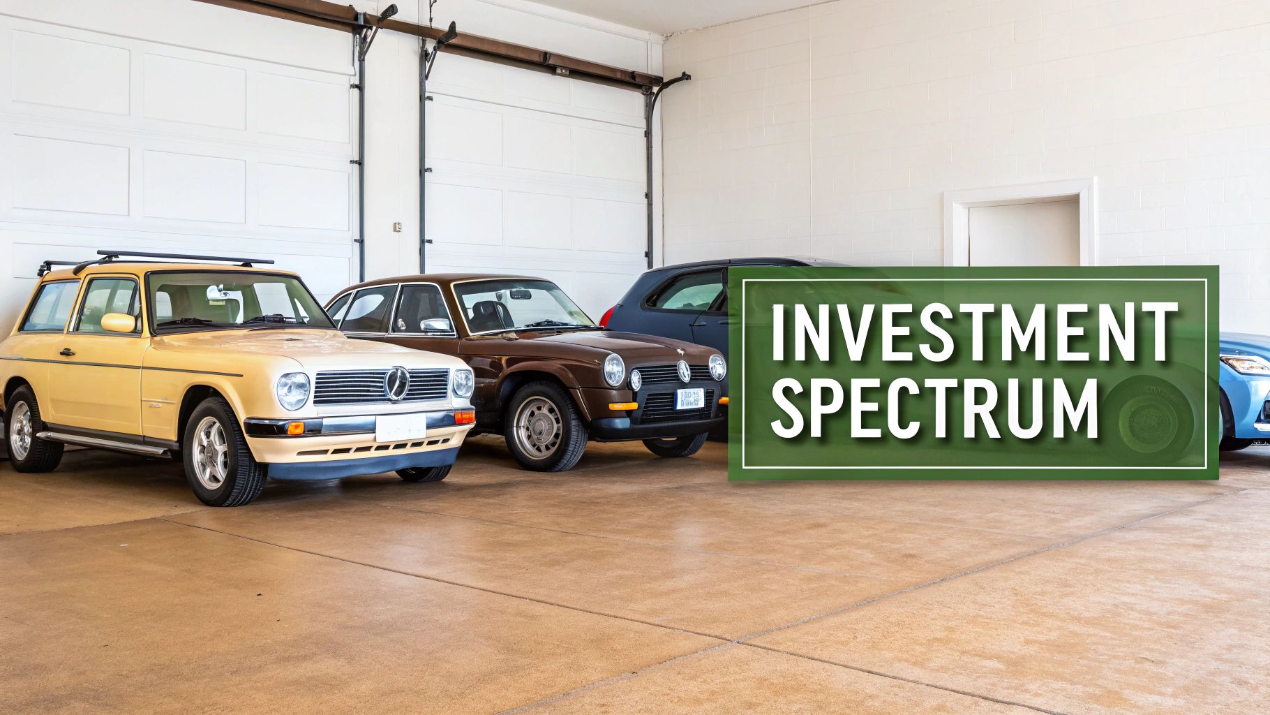 Classic and modern cars parked in a garage with 'INVESTMENT SPECTRUM' text overlay.
