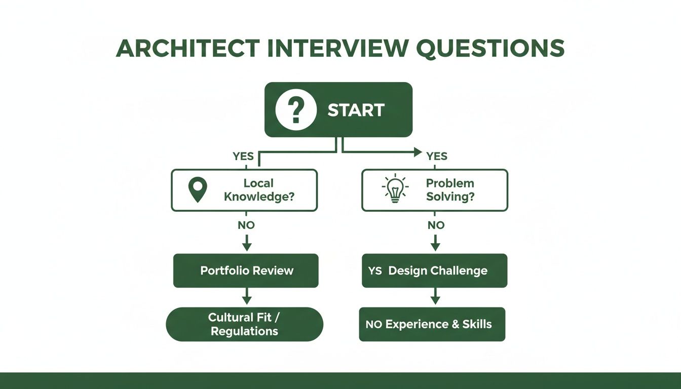 Flowchart detailing architect interview questions, covering local knowledge, problem-solving, portfolio review, and cultural fit.
