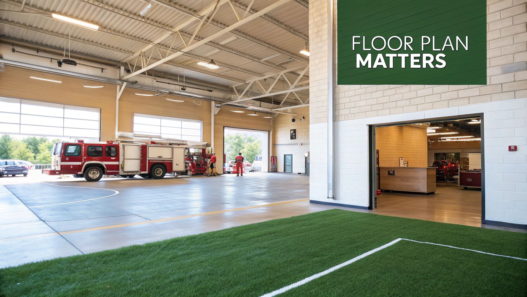 Spacious fire station interior with a red fire truck, firefighters, and a sign stating 'FLOOR PLAN MATTERS'.