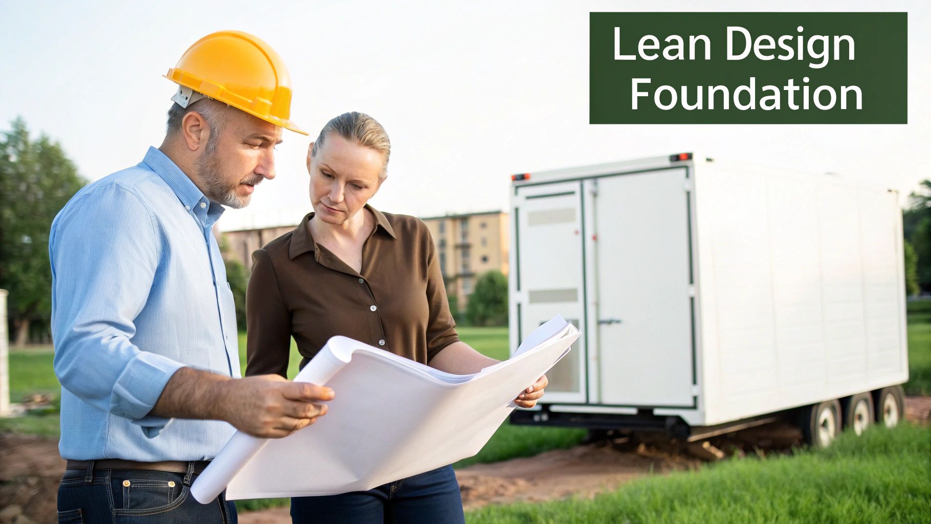 An engineer wearing a hard hat and a female colleague review design blueprints outdoors.