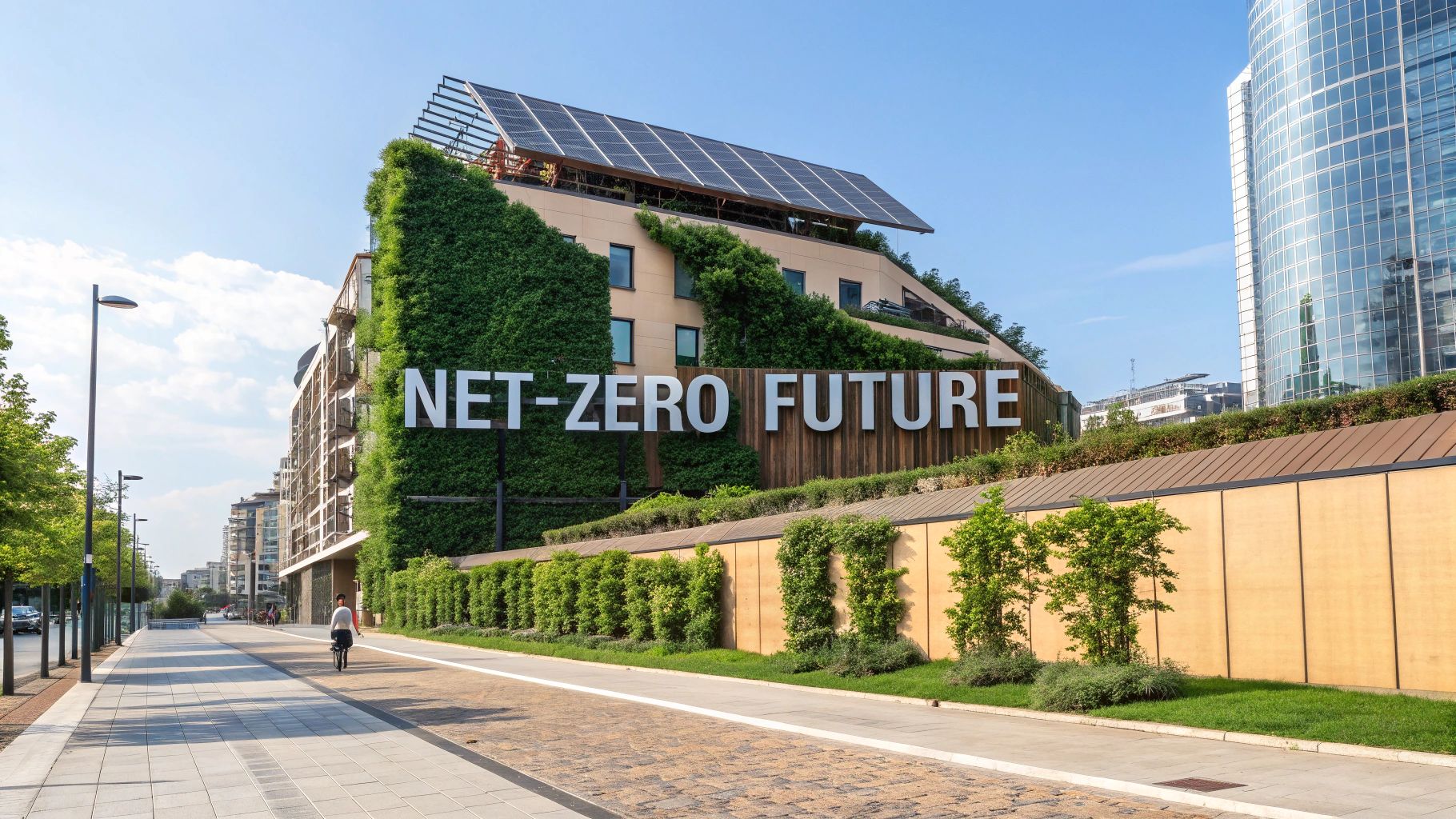 Futuristic sustainable building seamlessly integrated with nature