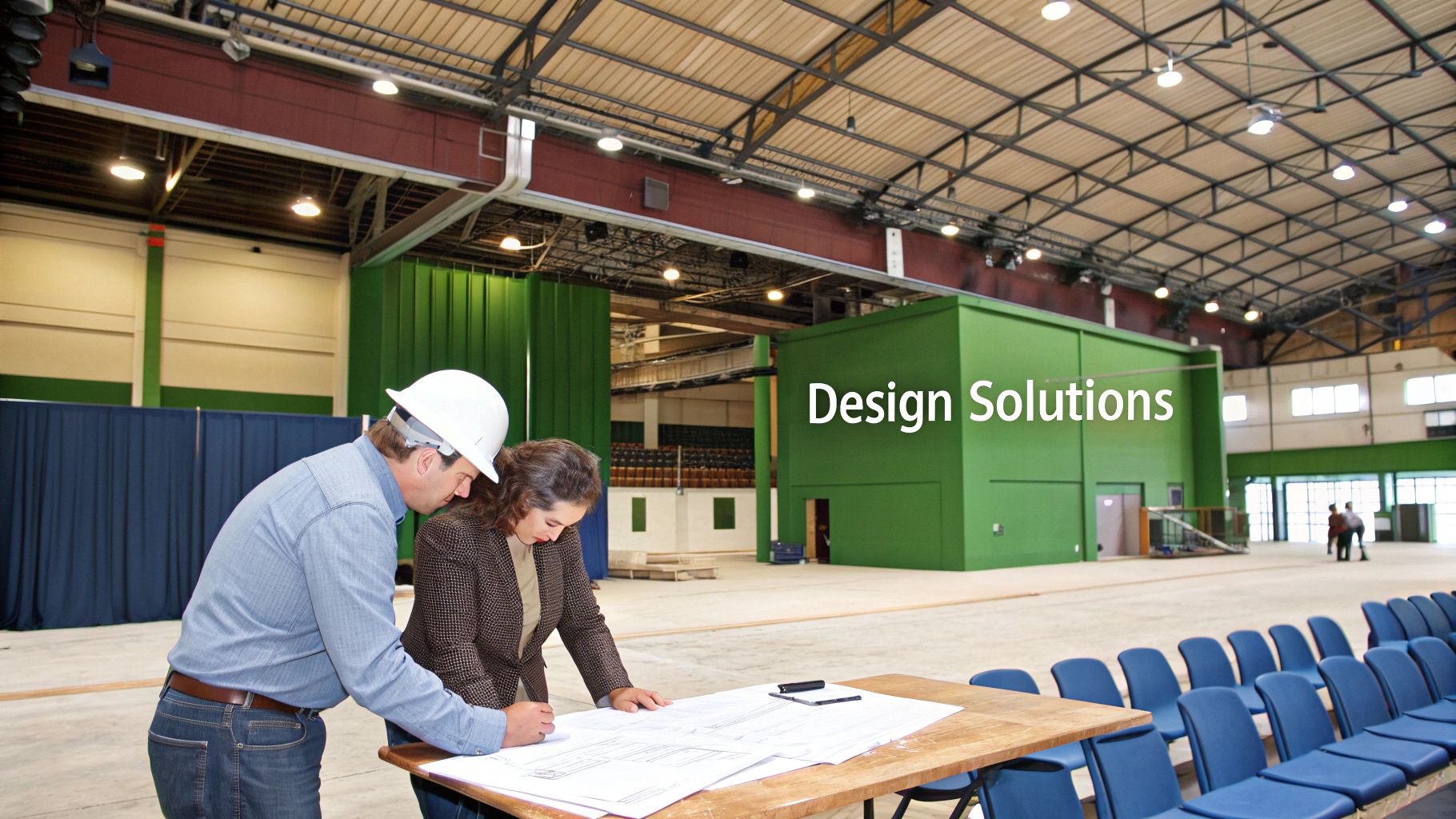 Architects or engineers review design blueprints in a large event space or warehouse.
