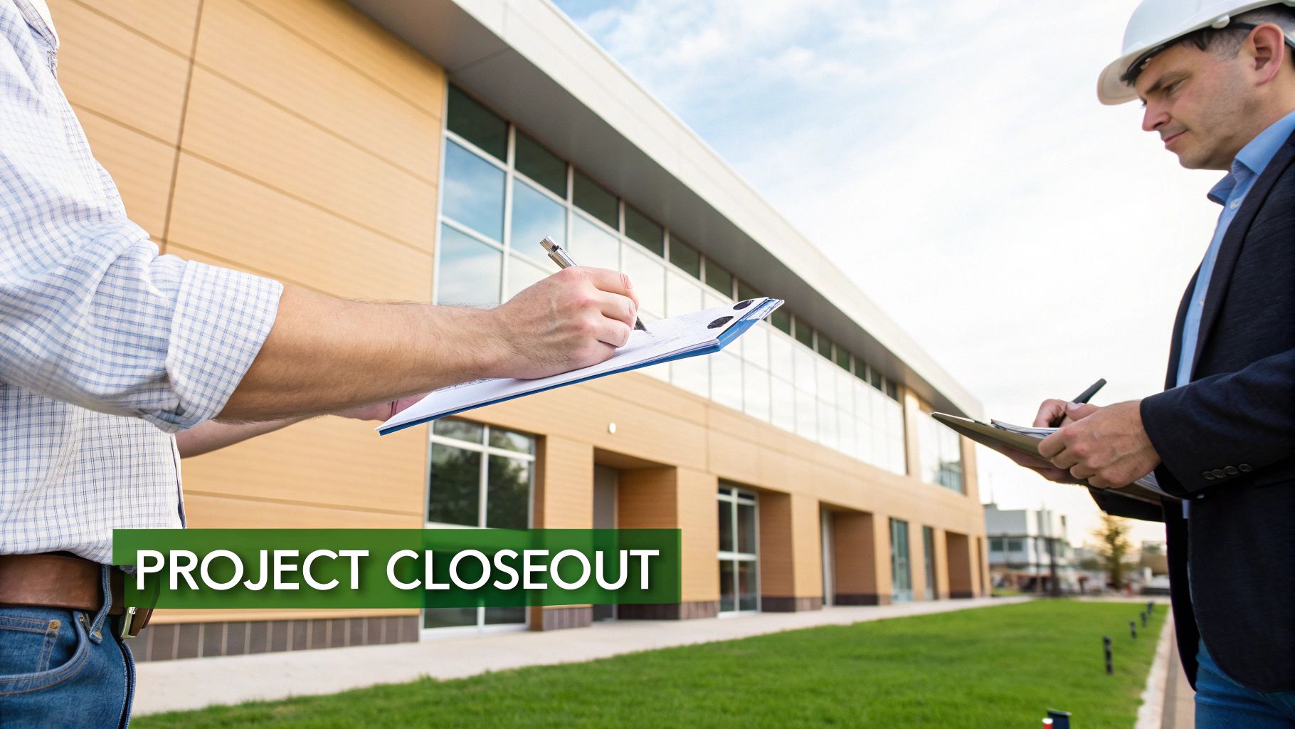 Two men in construction gear inspecting a new building during project closeout, writing on clipboards.