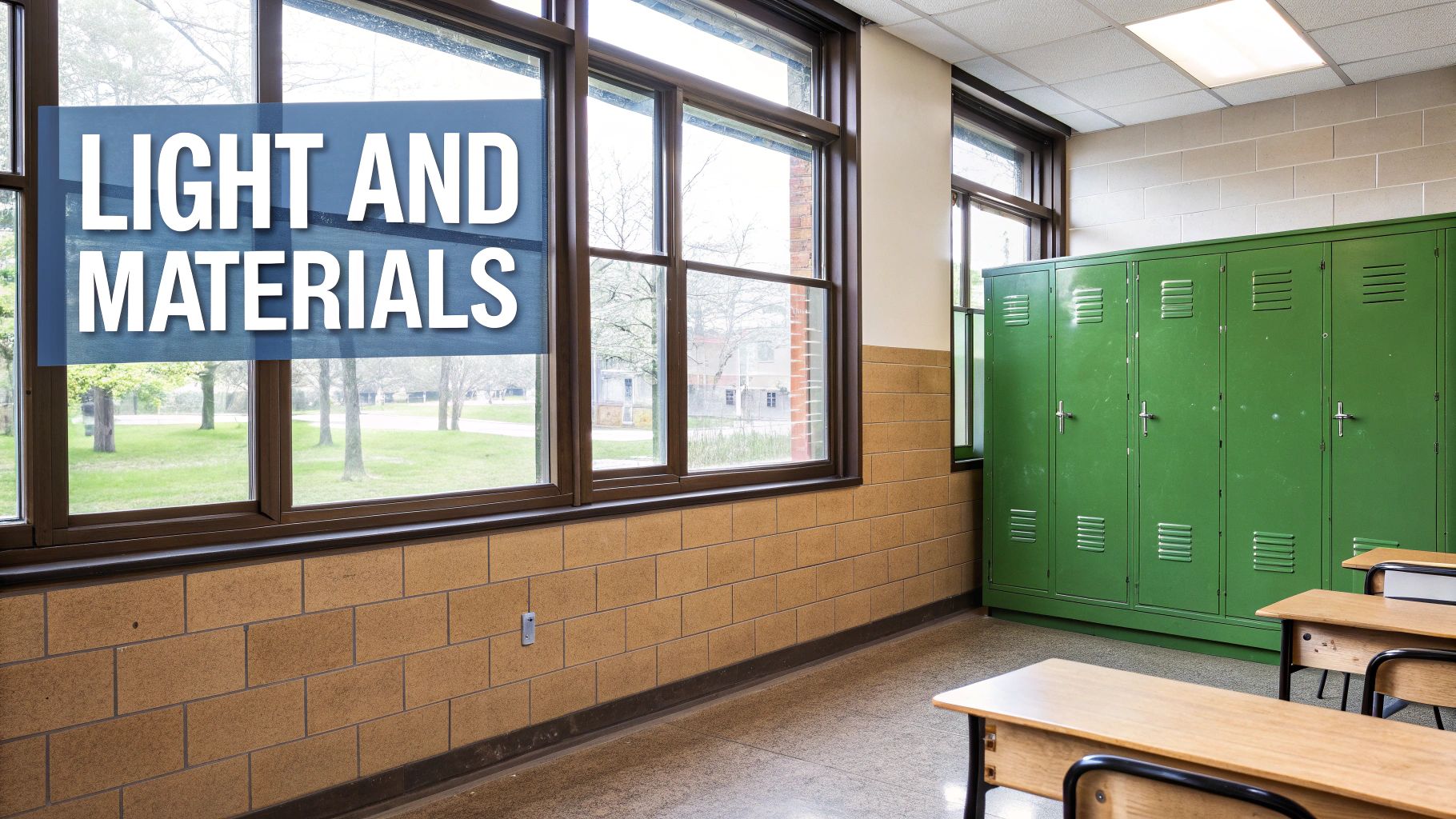 Bright classroom with large windows, brick walls, green lockers, and school desks, featuring text 'LIGHT AND MATERIALS'.