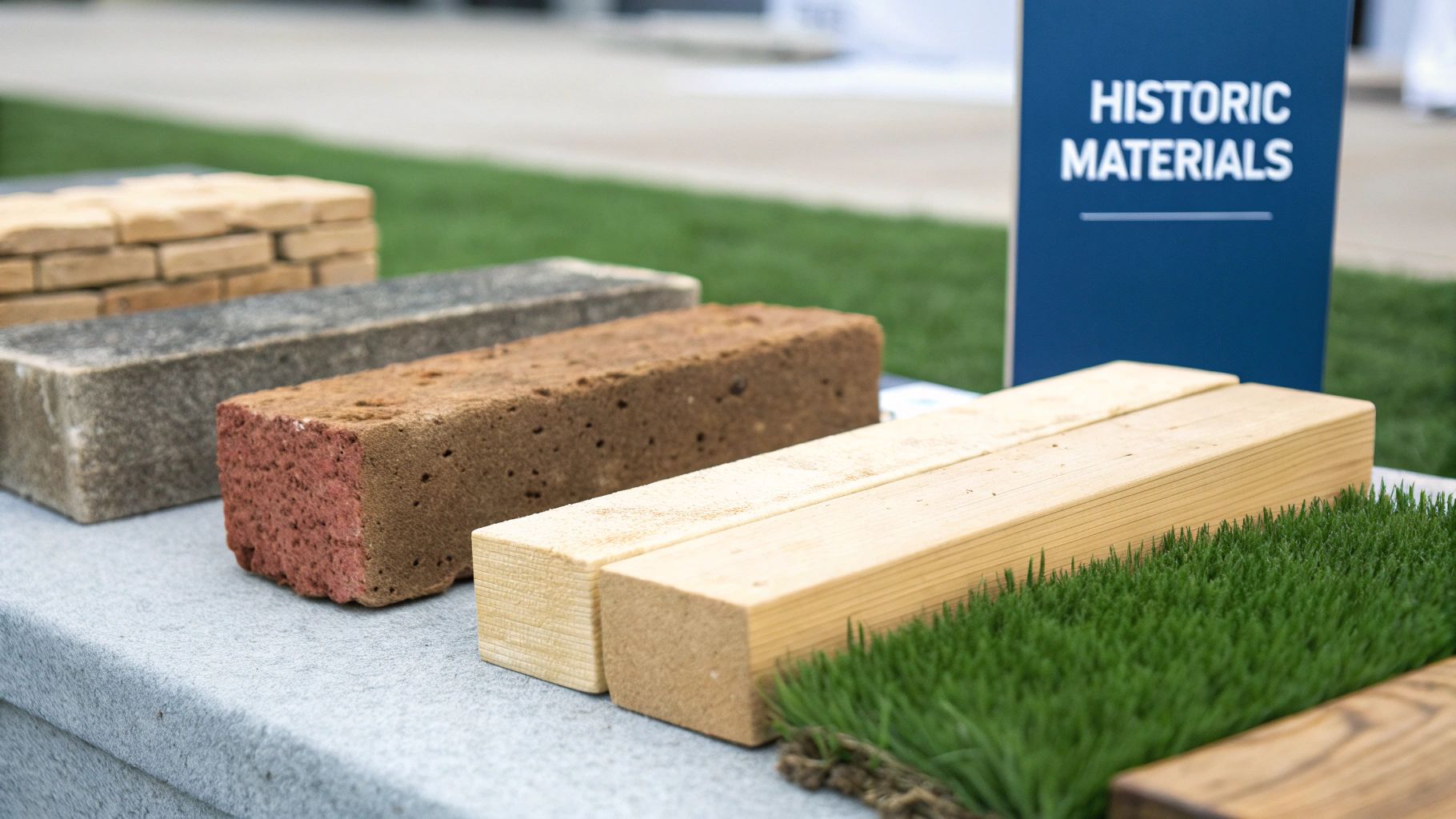 A display of various historic building materials, including different bricks and wooden planks, outdoors.
