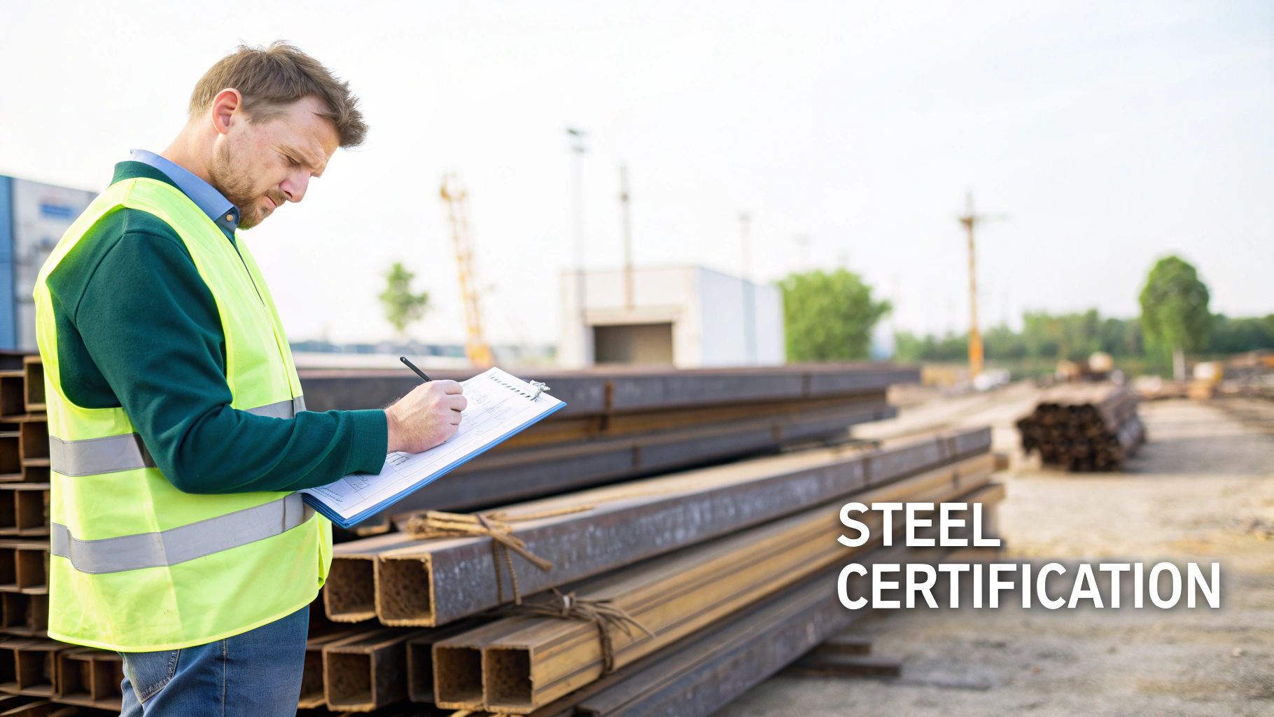 Man in a high-vis vest performing quality control, writing on a clipboard at a steel construction site.
