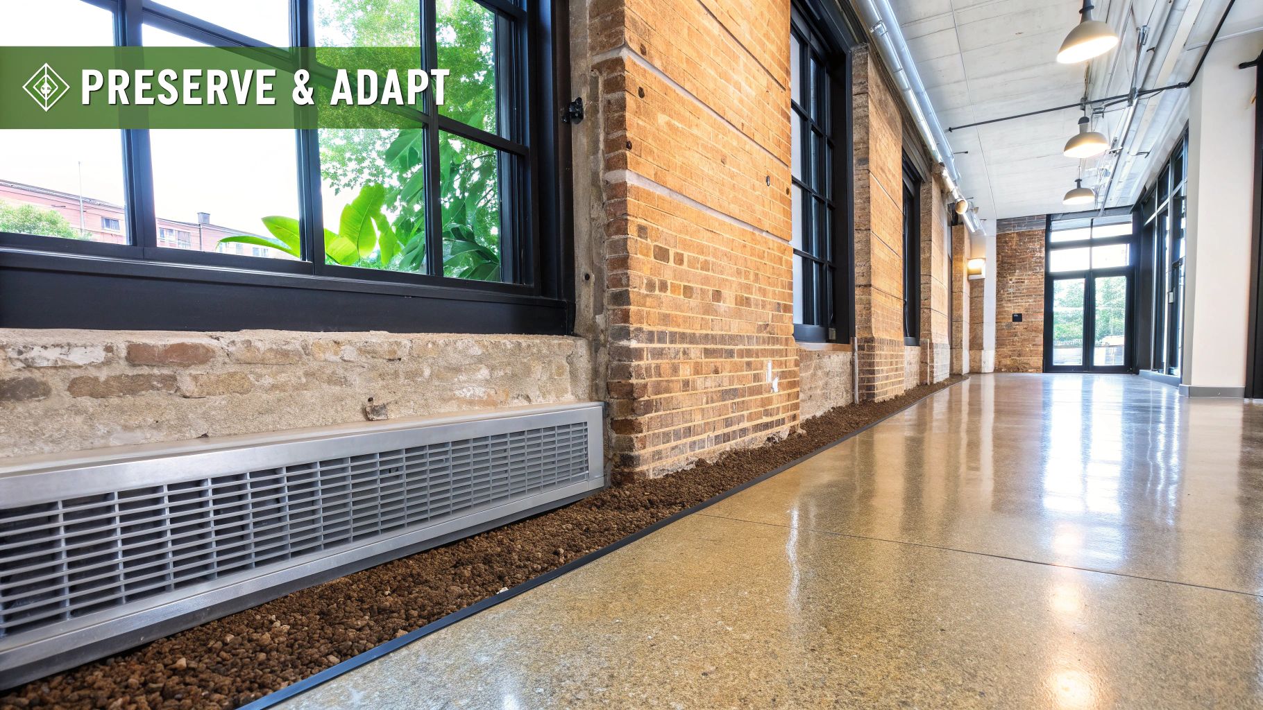 A modern industrial corridor featuring exposed brick walls, large windows, a polished concrete floor, and overhead lighting.
