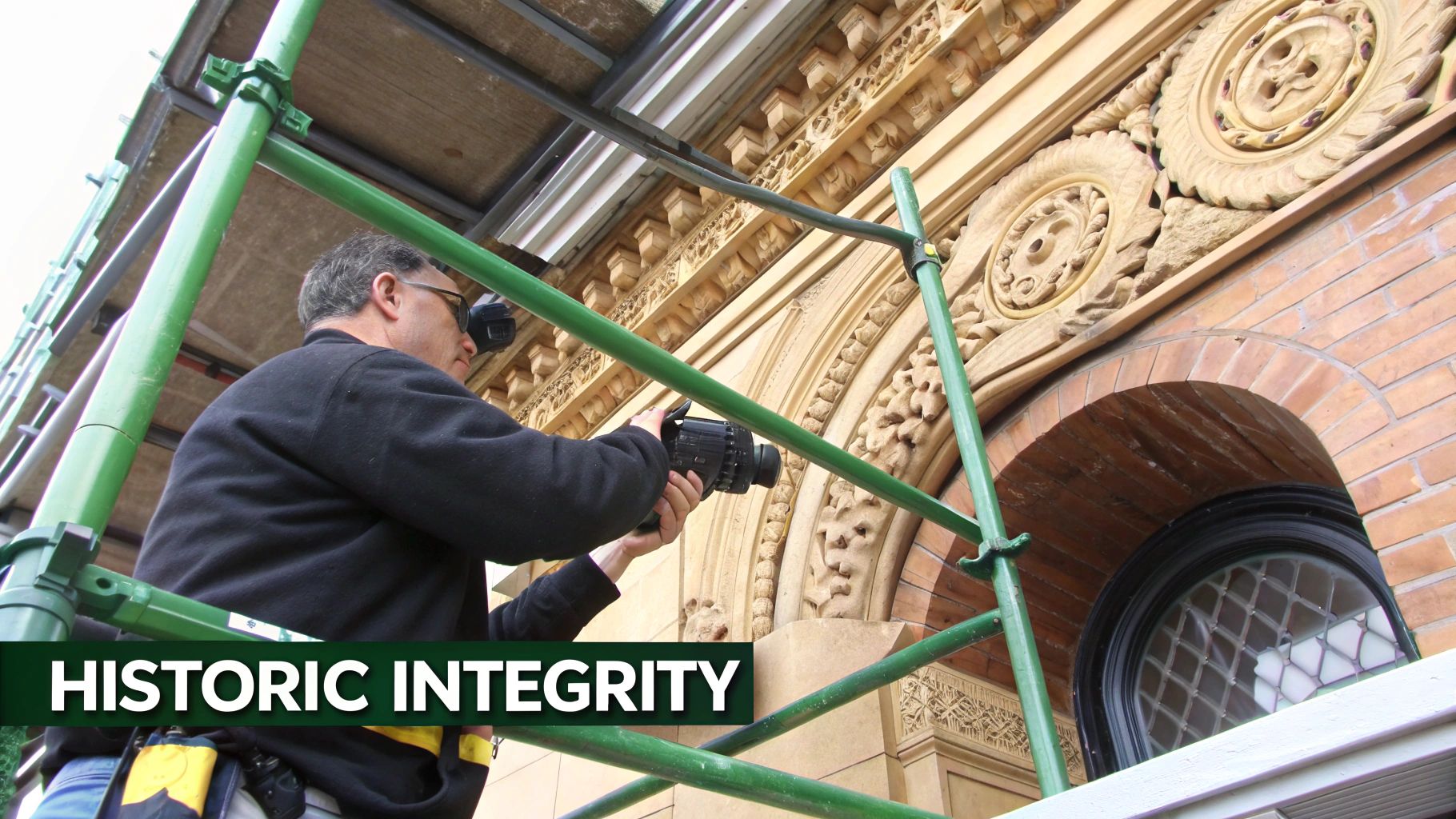 Man on scaffolding inspecting an ornate historic building facade with a camera for preservation.