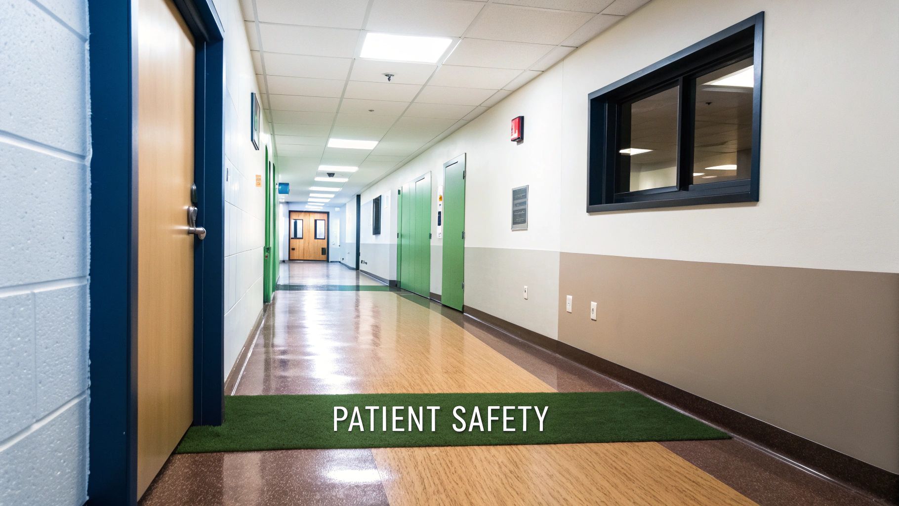Well-lit hospital hallway featuring green doors, a large window, and a 'PATIENT SAFETY' message on a green mat.