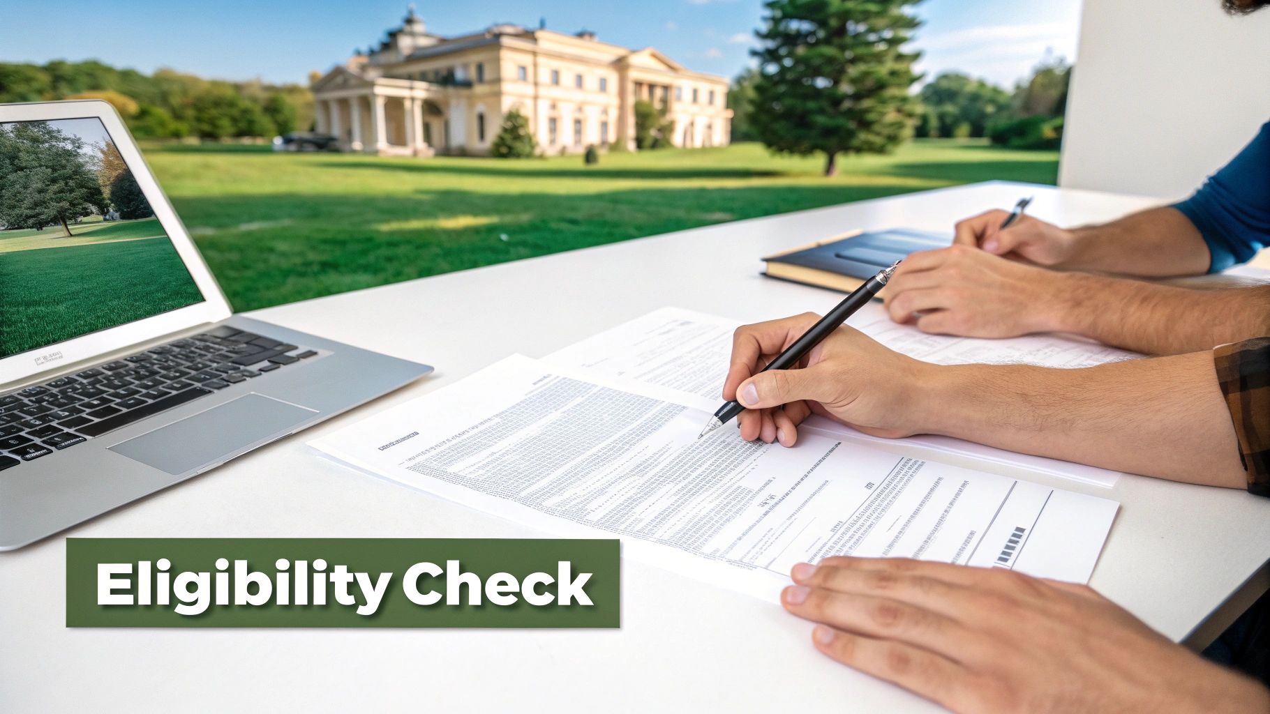 Two people reviewing historic preservation grant eligibility documents outdoors with laptop and paperwork