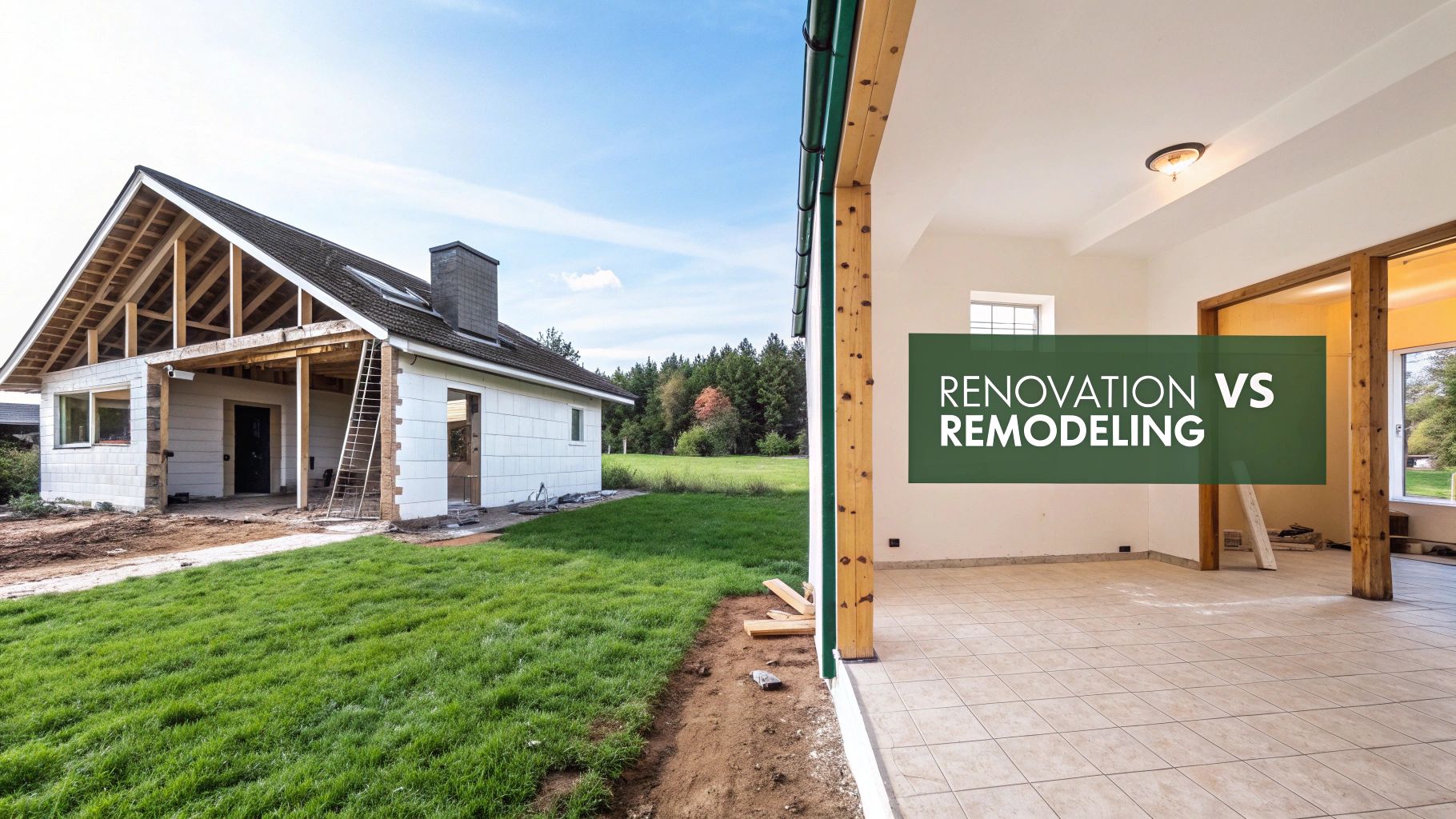 A modern, renovated bathroom with new tiles and fixtures, illustrating the concept of renovation.