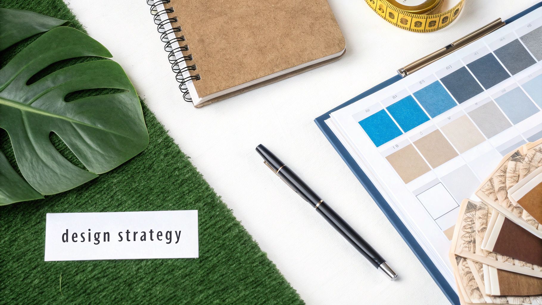Overhead view of an interior design material board with color swatches, samples, and 'design strategy' note.