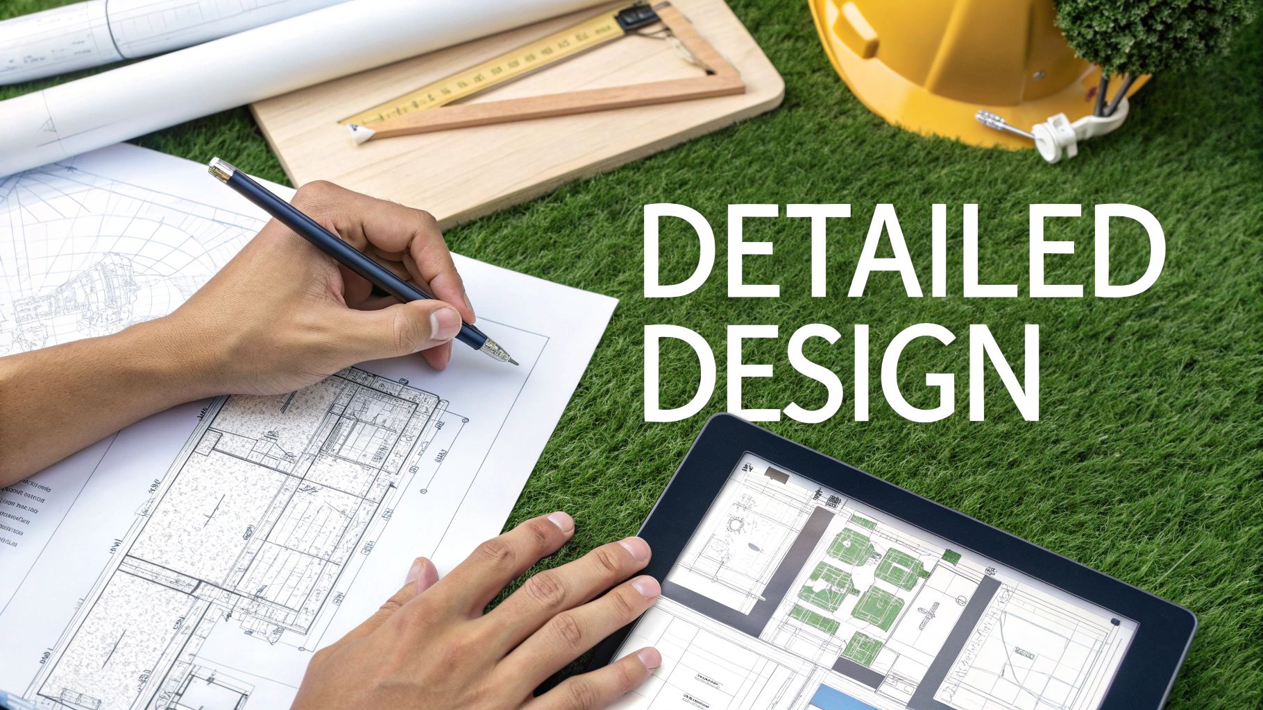 A builder reviewing architectural plans on a construction site.