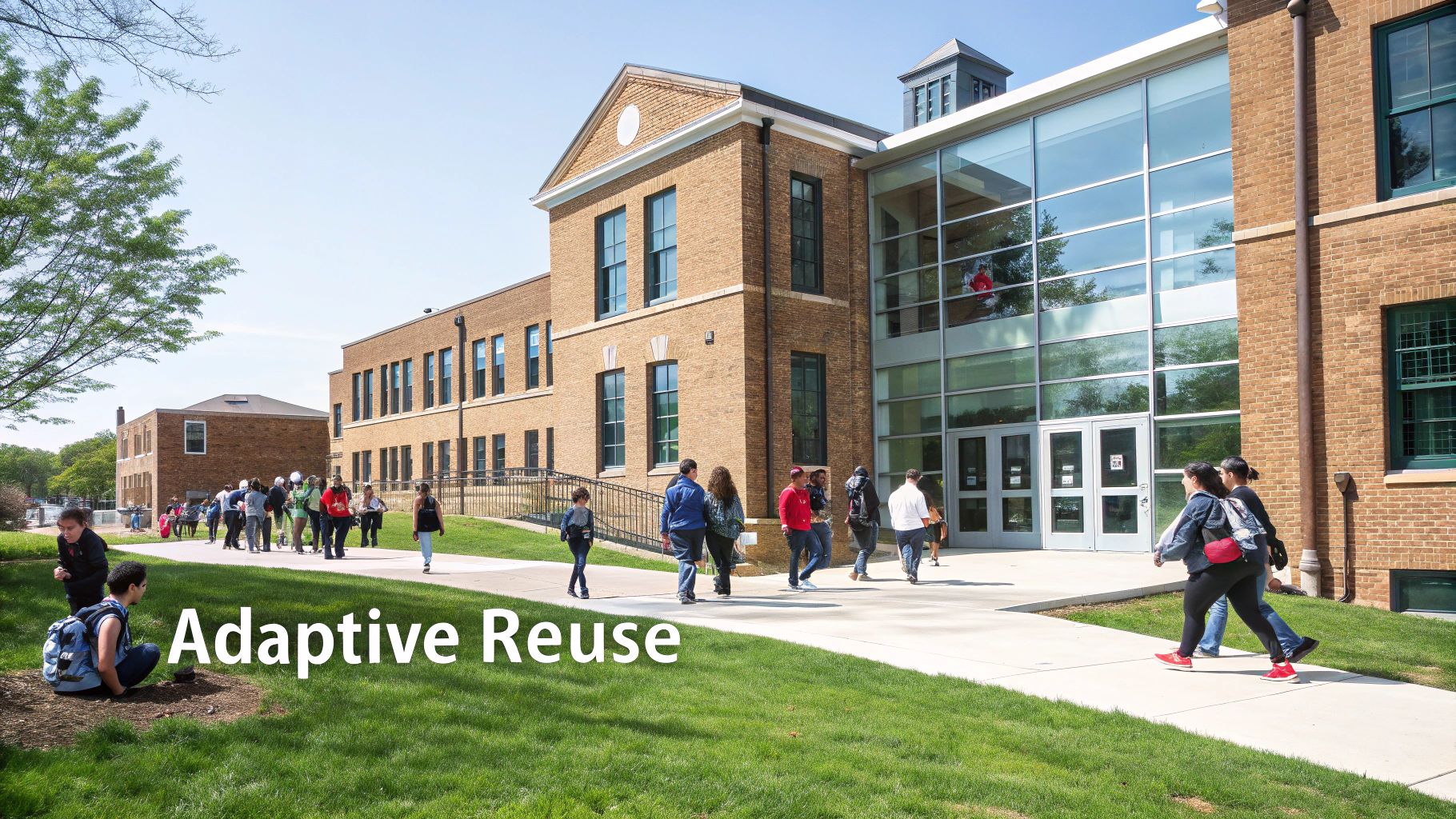 Students walk past a historic brick school building with a modern glass entrance on a sunny day.