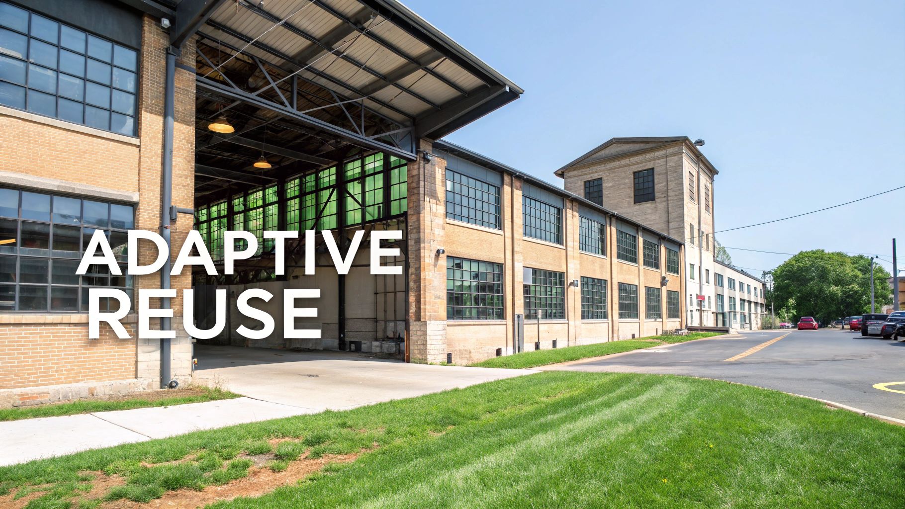 A large brick building with many windows and an open bay, showcasing adaptive reuse architecture.