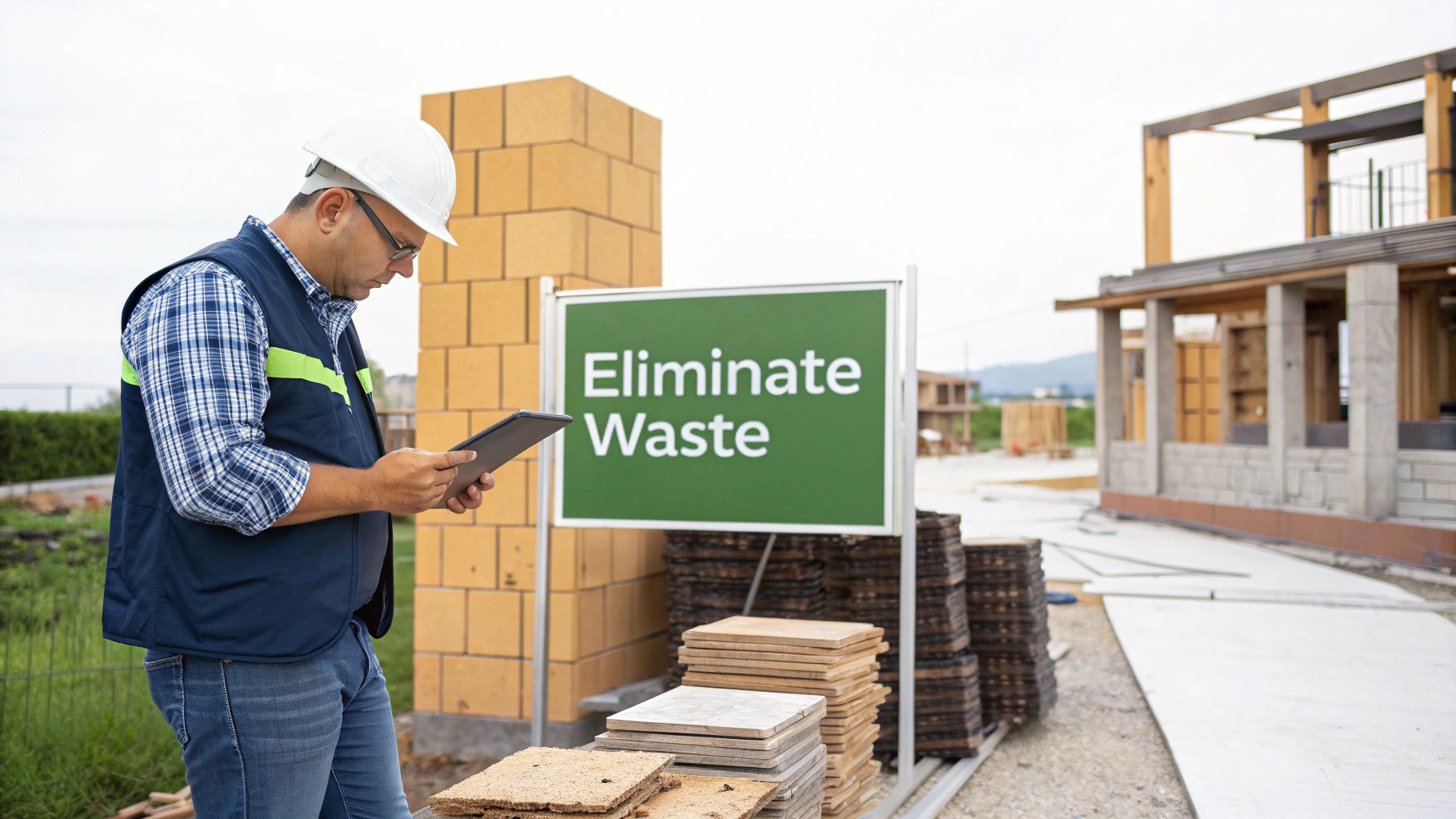 A construction worker in a hard hat and vest uses a tablet at a site with an 'Eliminate Waste' sign.