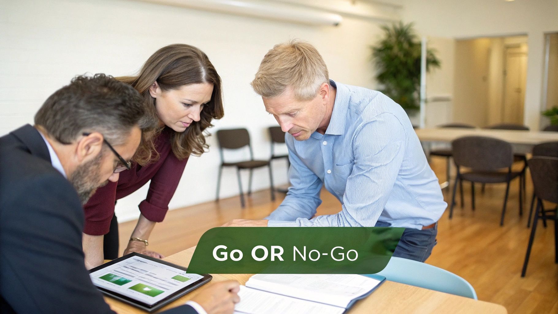 Three professionals analyze data on a tablet and book, discussing a 'Go OR No-Go' decision.