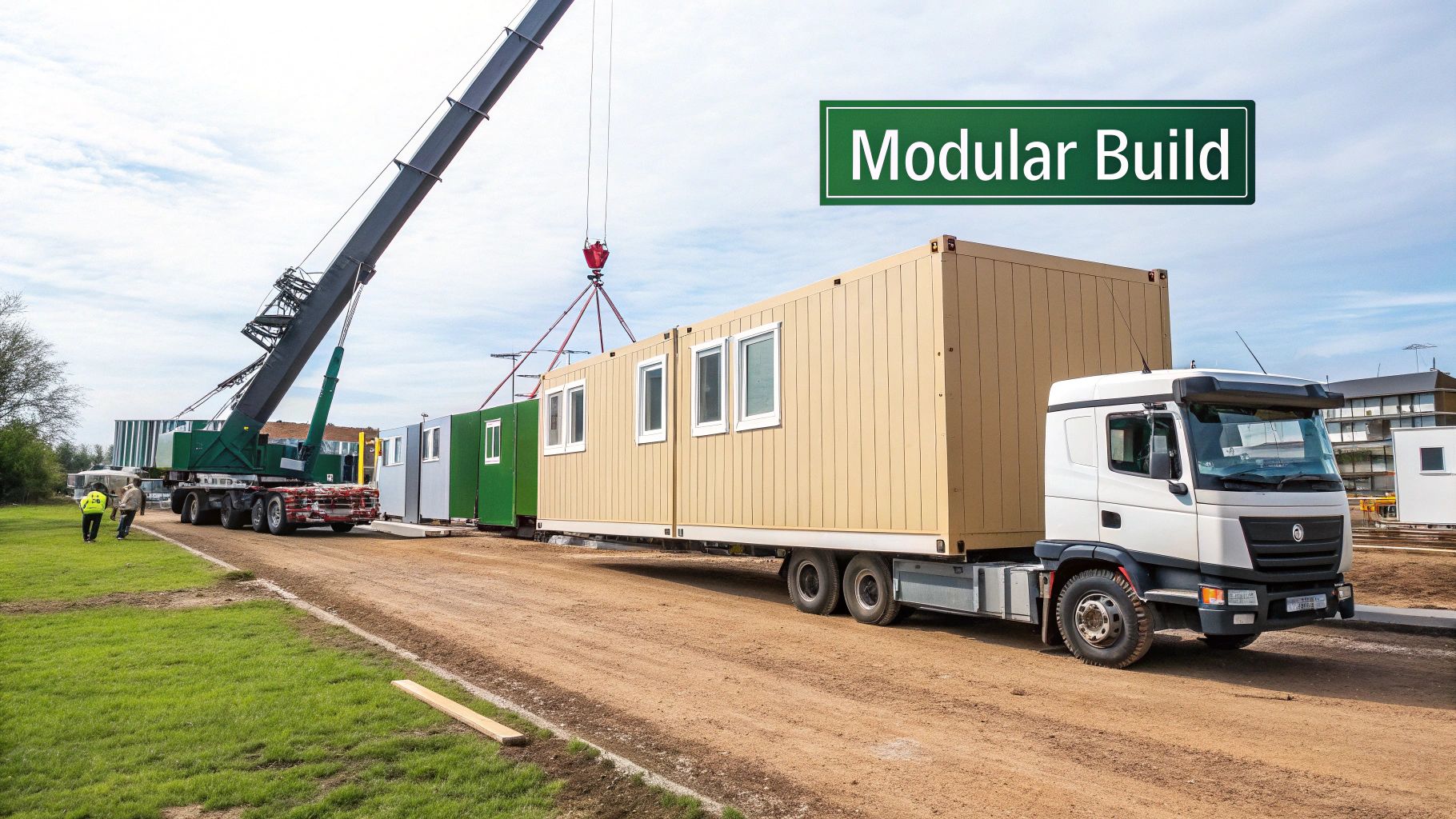A large crane lifts a modular building section while another is on a truck, at a construction site.