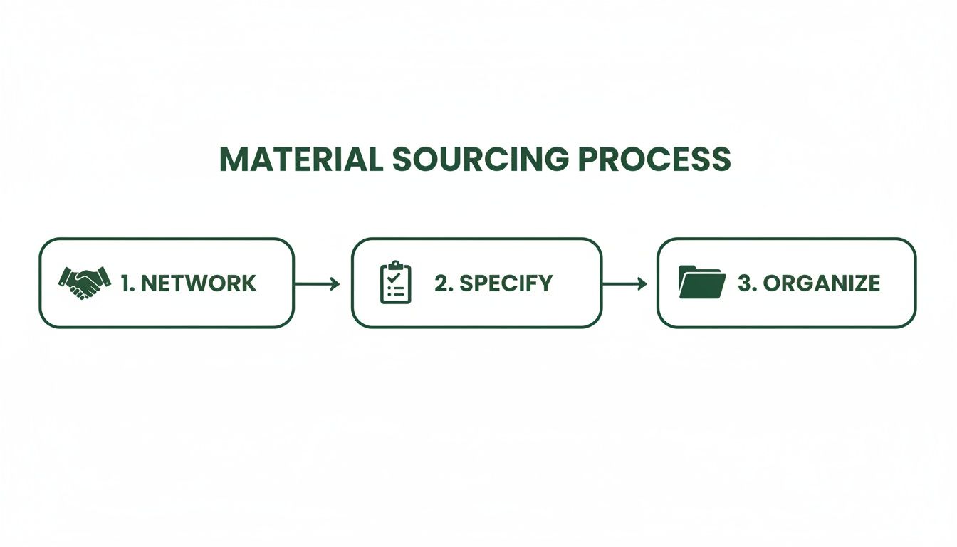 Diagram of the material sourcing process showing three steps: network, specify, and organize with icons.