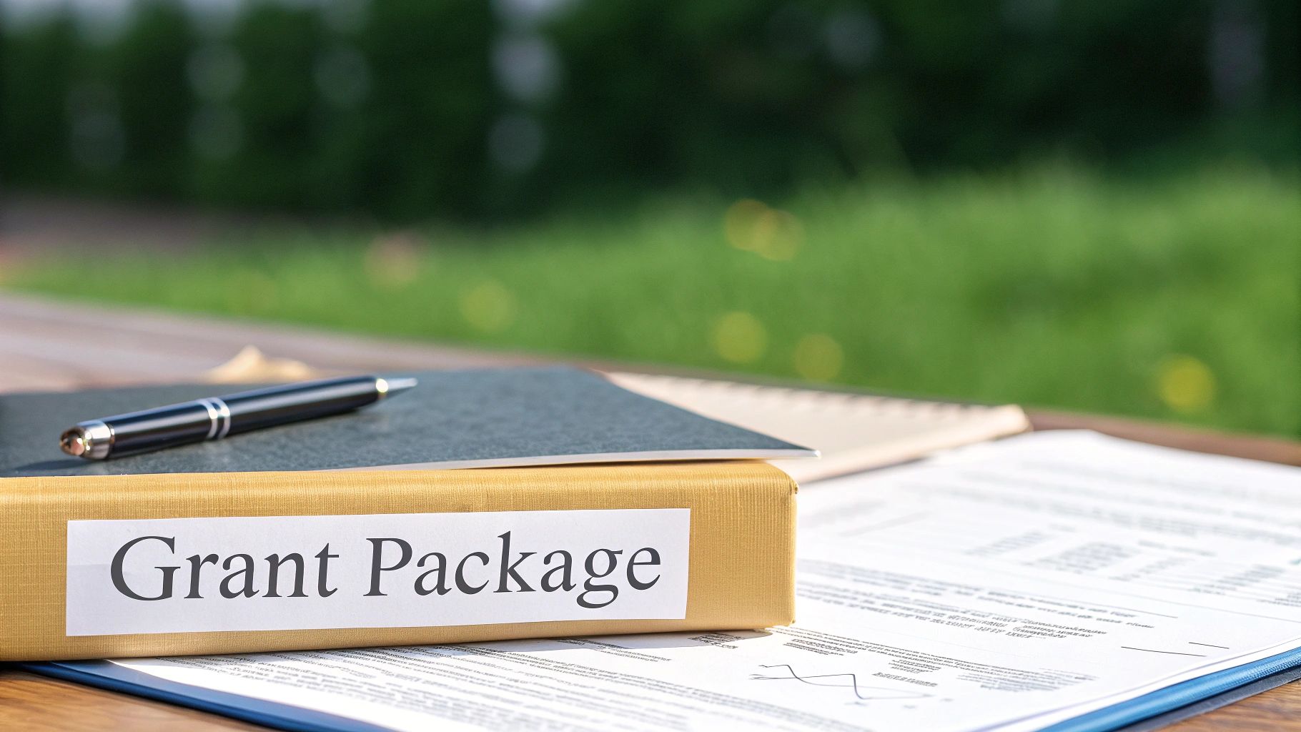 Grant package folder with pen and application documents on outdoor table for historic preservation funding