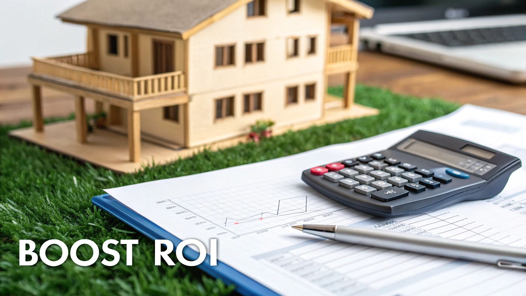 A miniature house model on grass with a calculator, financial documents, and a pen for real estate planning.