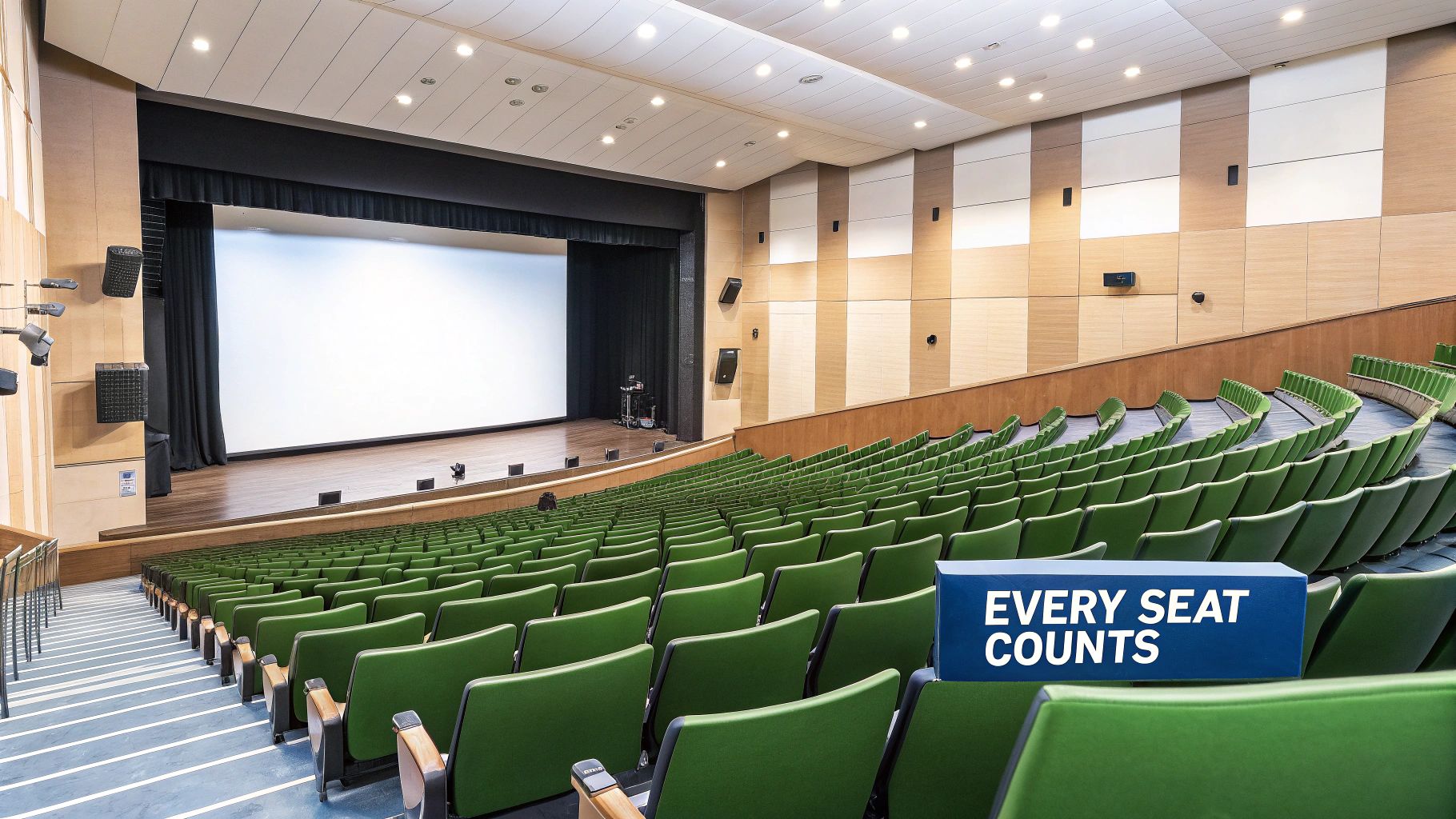 An empty modern auditorium with curving rows of green seats, a large stage, and a bright white screen.
