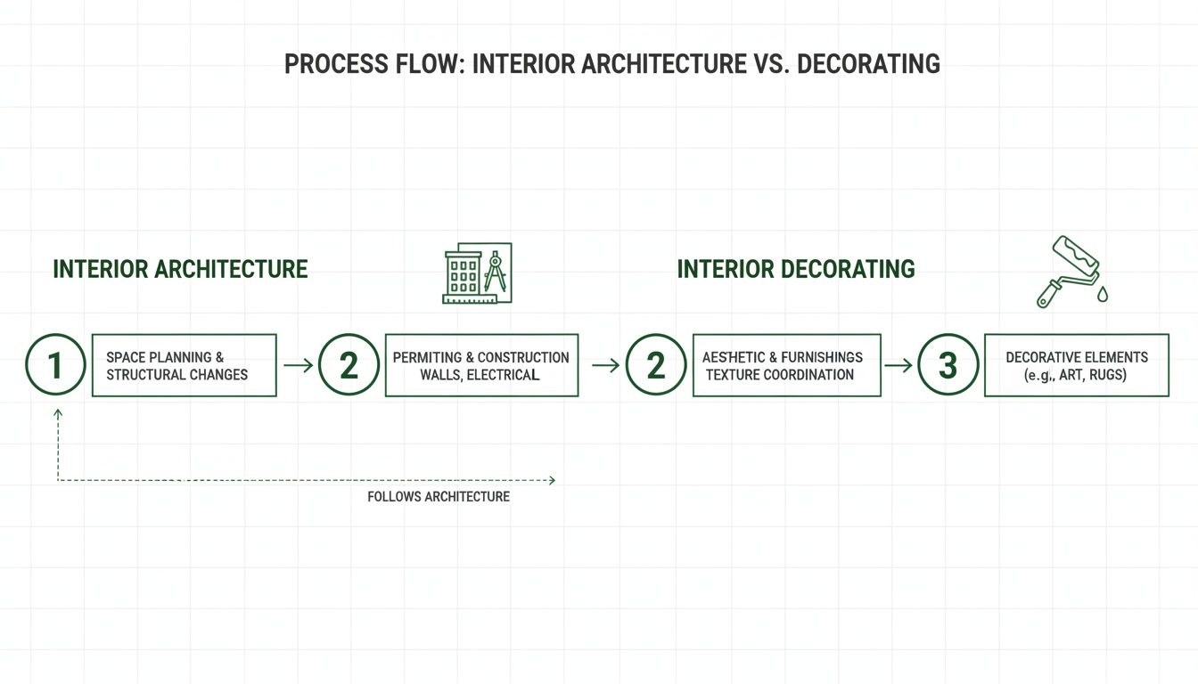 Process flow diagram illustrating the steps for interior architecture and interior decorating services.