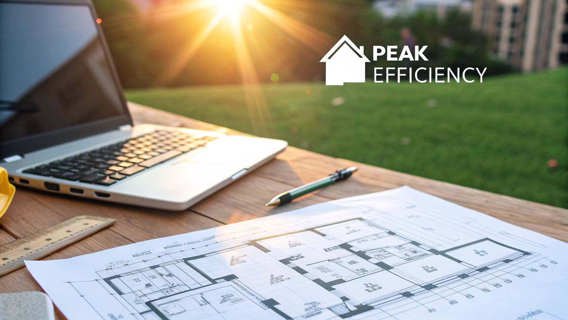 An architectural blueprint showing the detailed design of a modern, energy-efficient building.