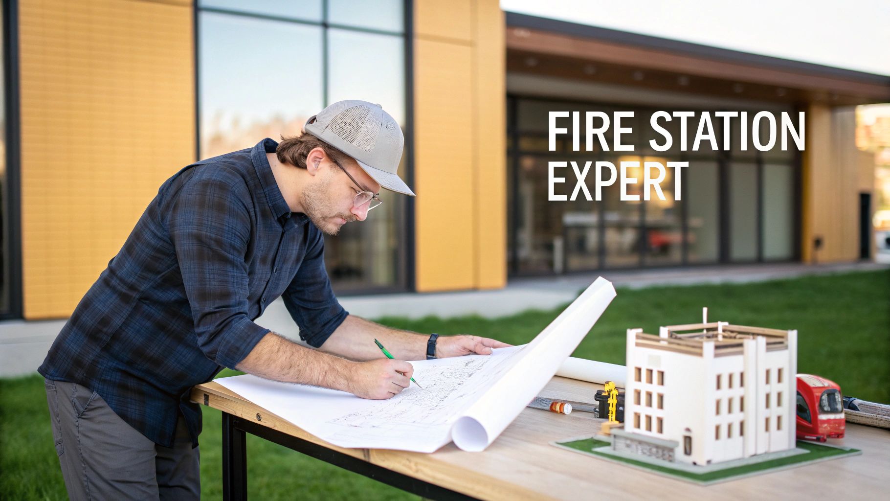 An architect works on blueprints for a fire station design, with a building model and fire truck nearby.