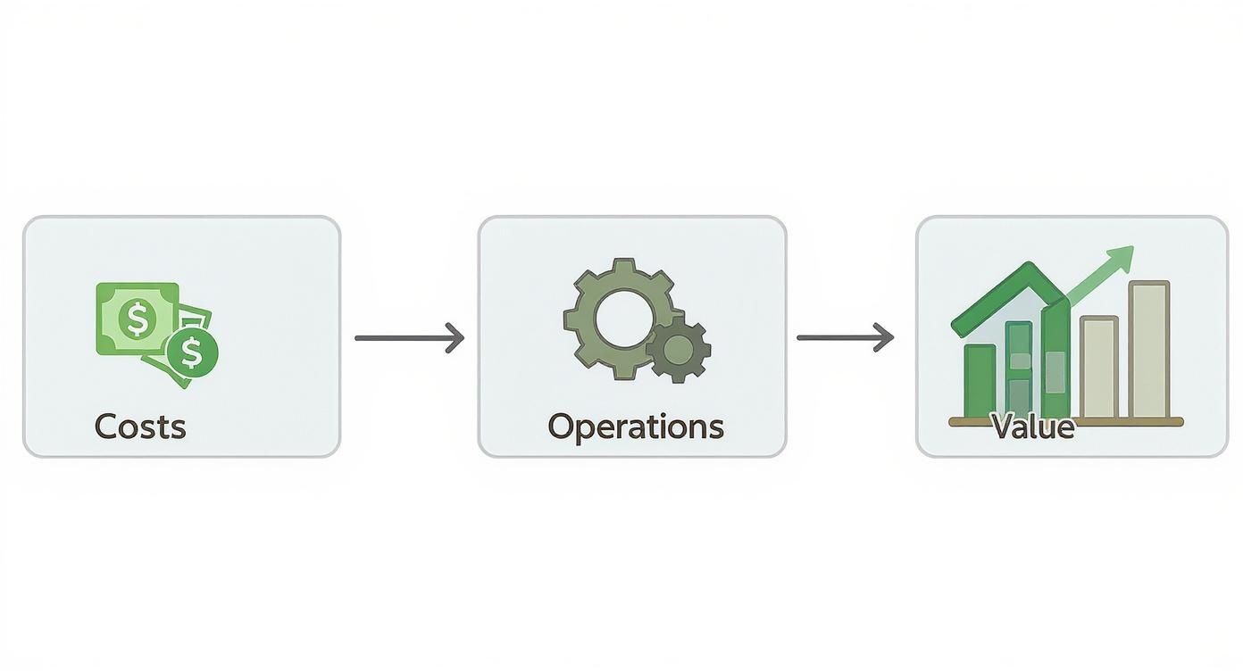 Flowchart illustrating how costs are processed through operations to create business value.