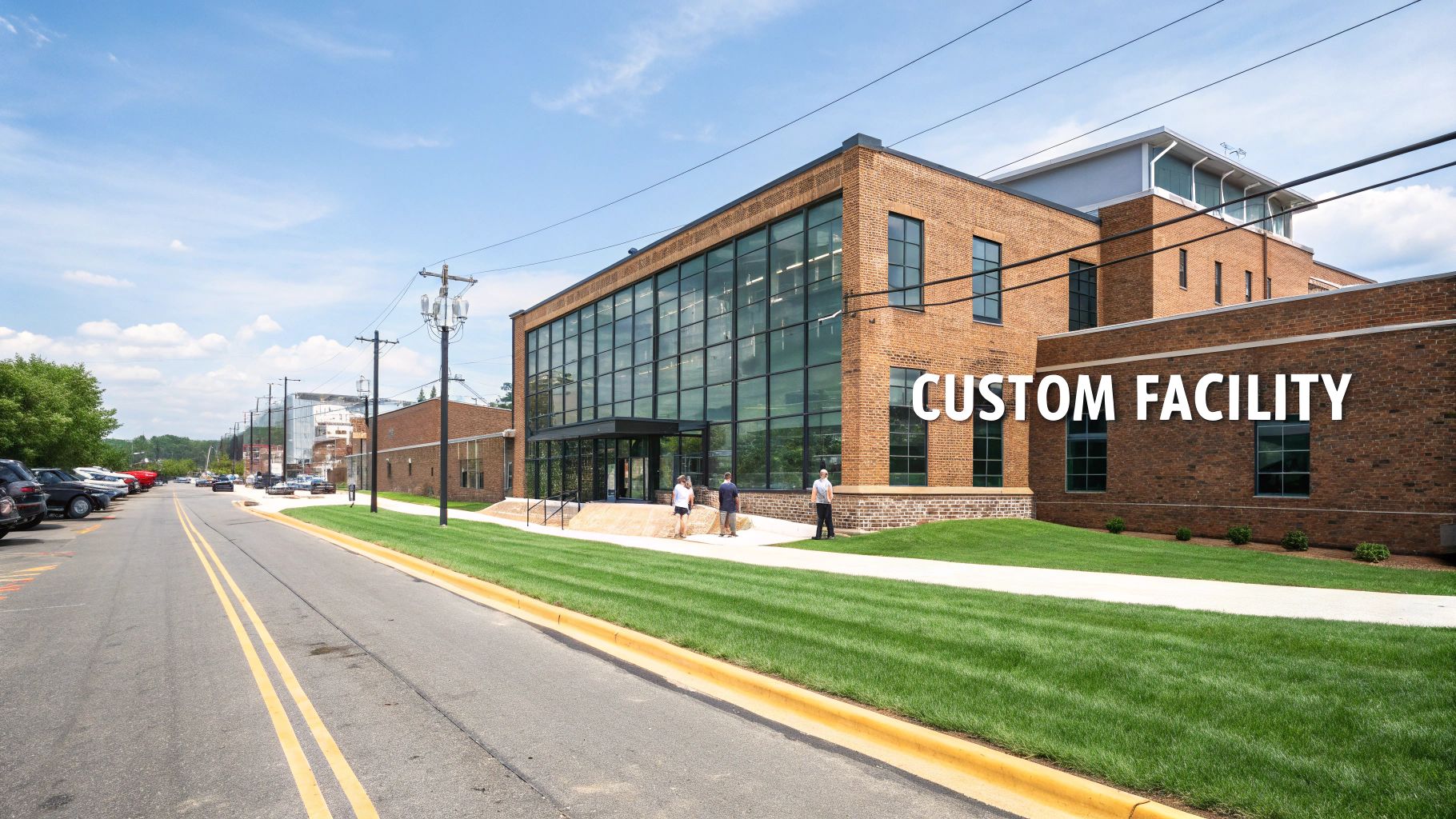 A modern custom-built brick facility with large glass windows, a green lawn, and people outside.