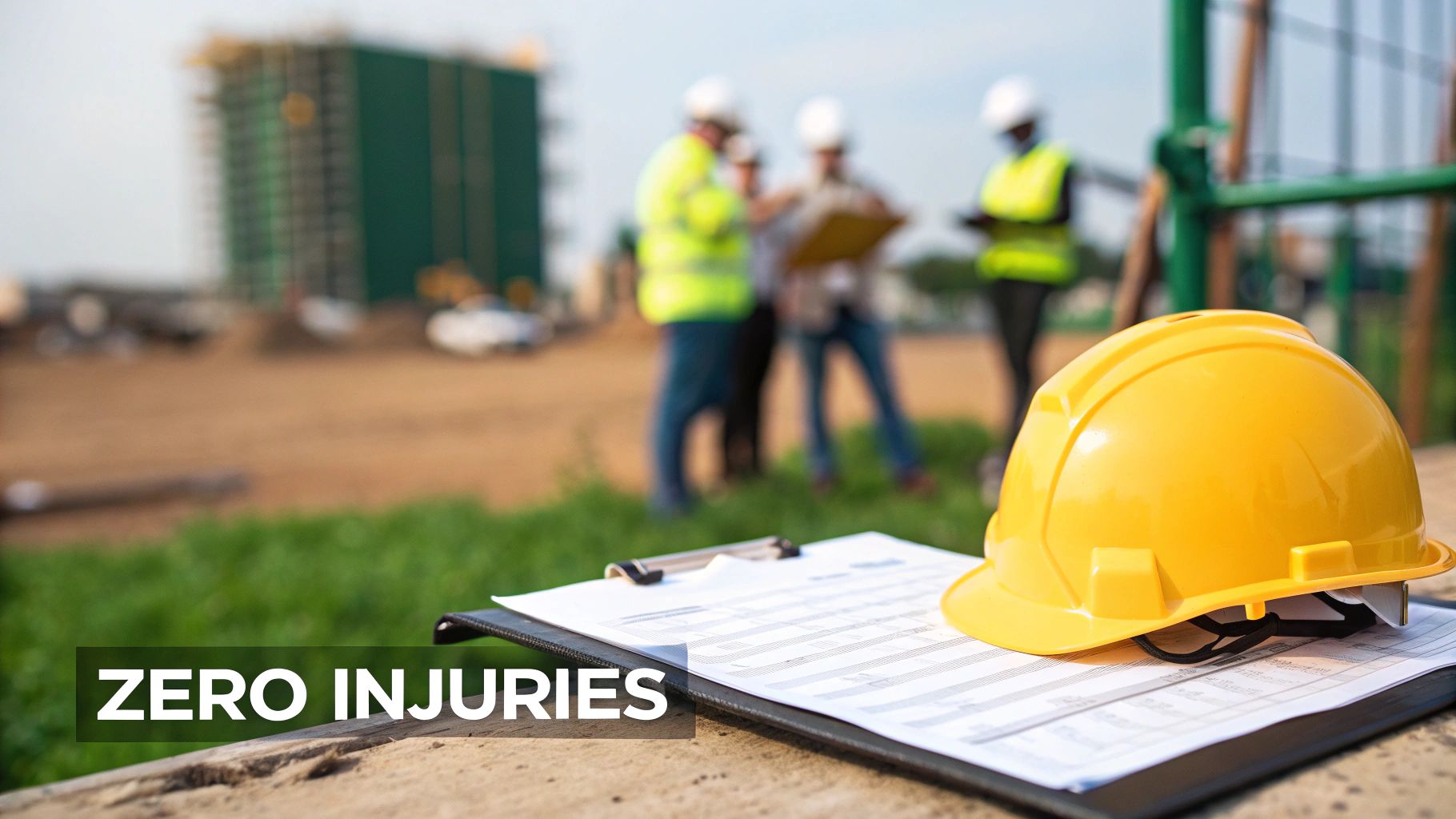 A yellow hard hat and clipboard on a table at a construction site with blurred workers and 'ZERO INJURIES' text.