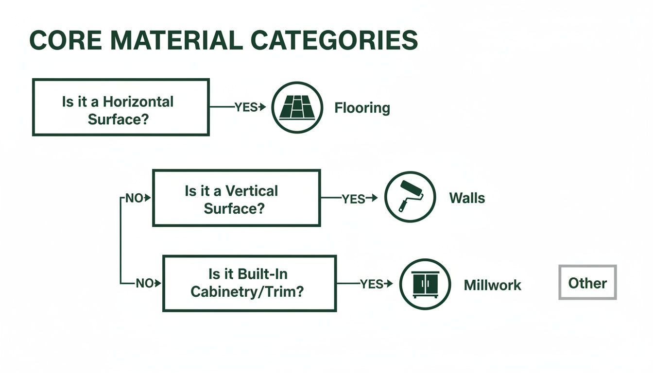 A flowchart illustrates core material categories, guiding classification into flooring, walls, millwork, or other.