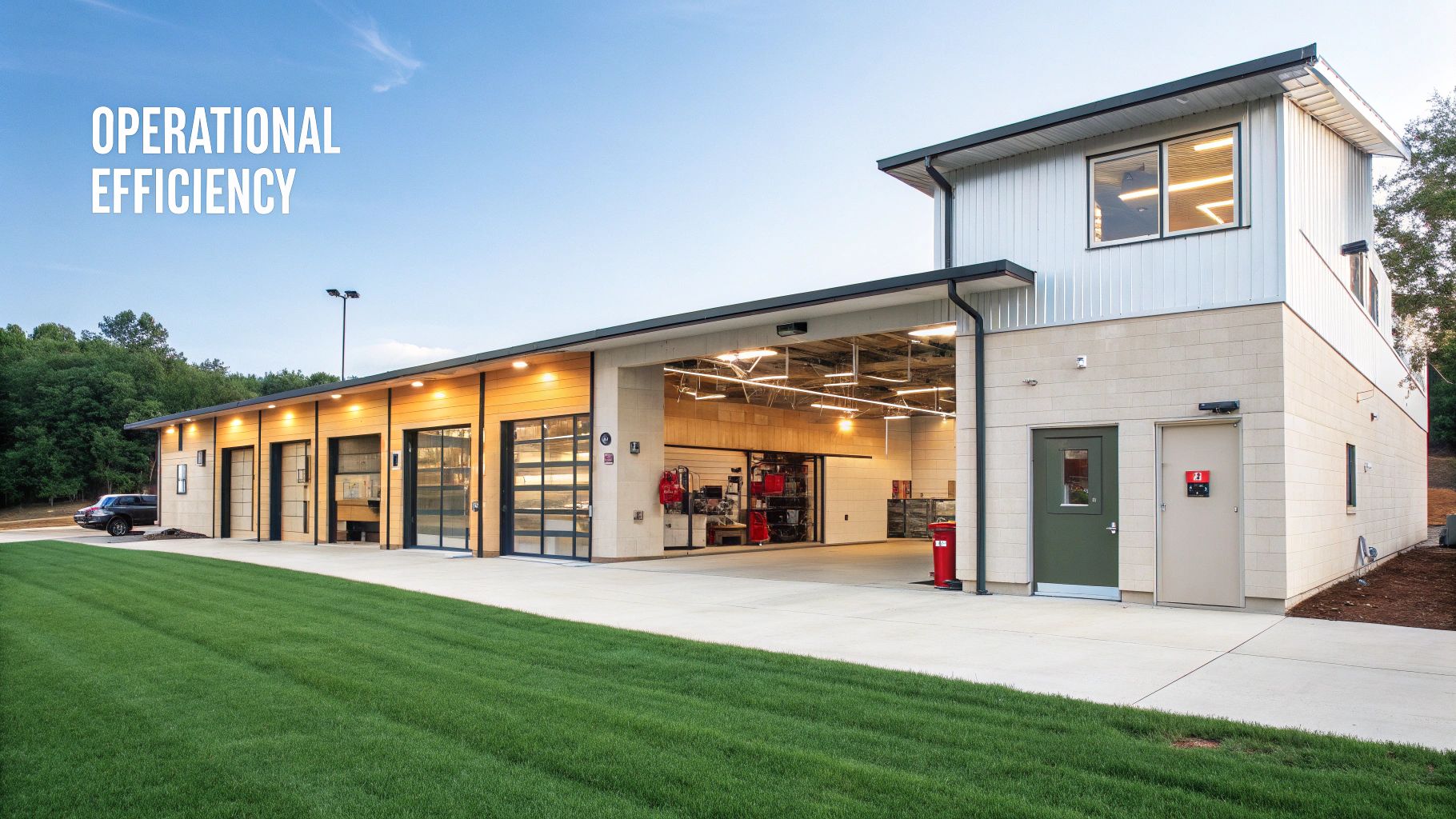 A modern fire station building with large bay doors, some open, showcasing efficiency and design.