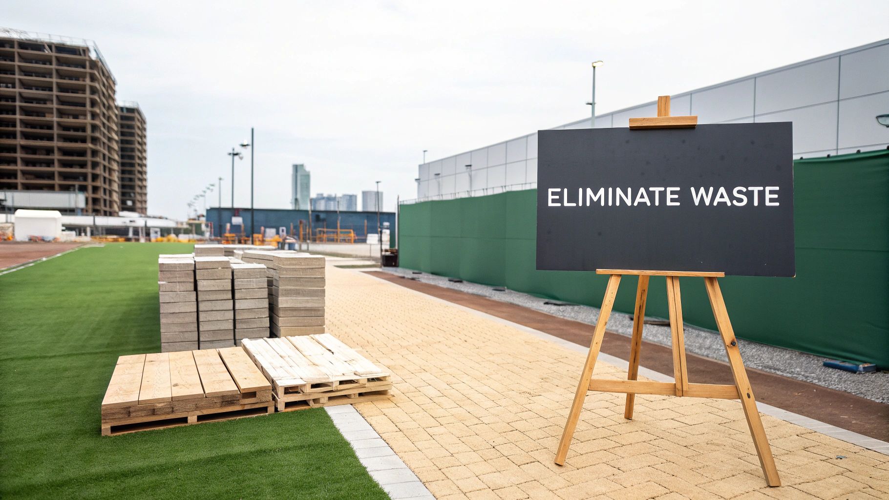 A sign on an easel saying 'ELIMINATE WASTE' at a construction site with building materials.