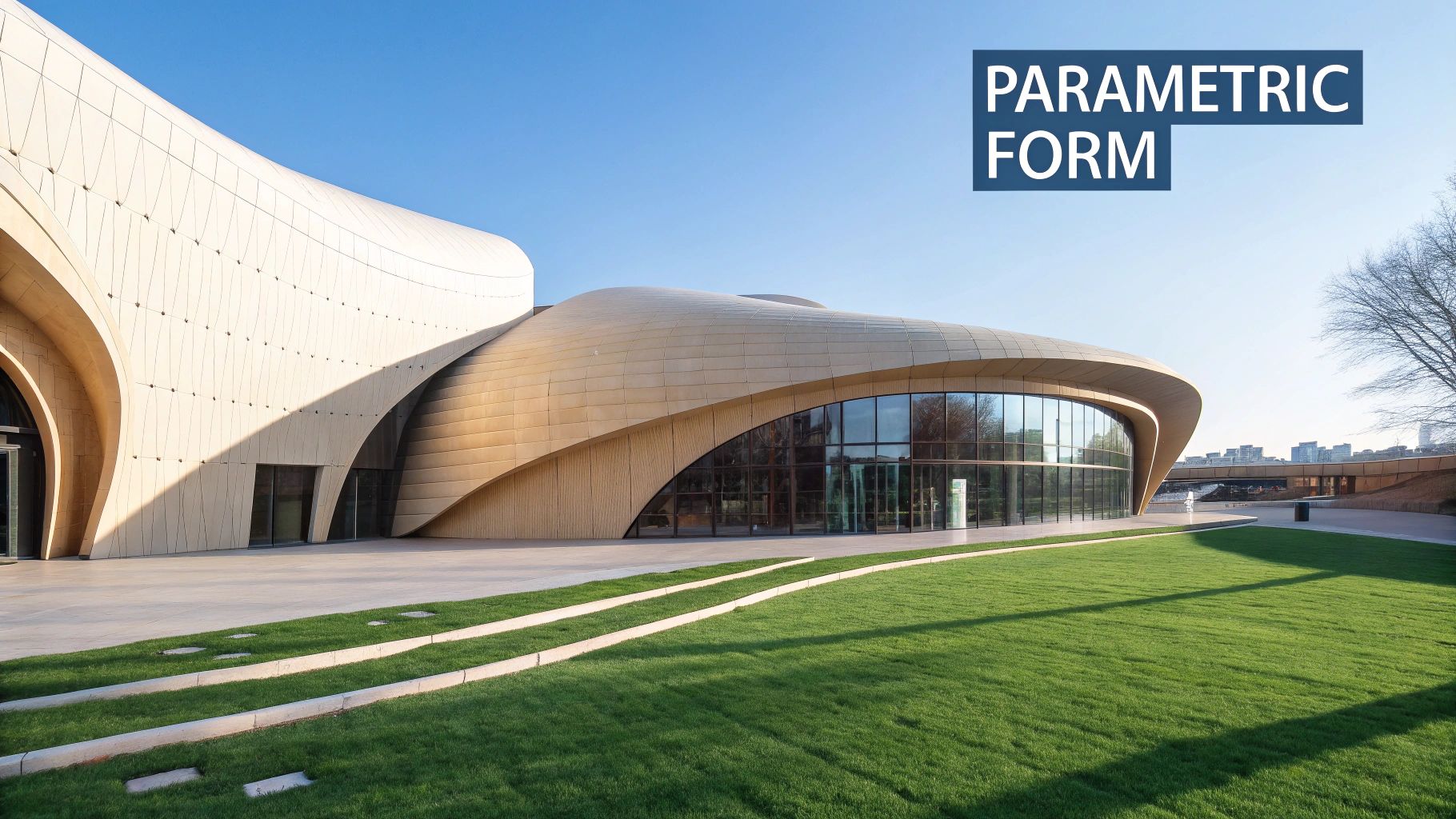 A modern building showcasing parametric architecture with smooth, curved facades, large glass windows, and green grass in the foreground.