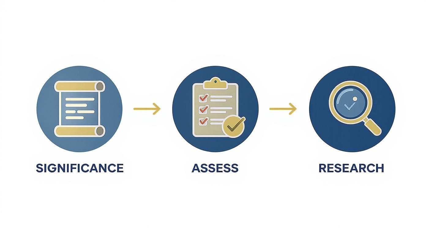 Three-step process workflow showing significance, assess, and research stages with scroll, checklist, and magnifying glass icons