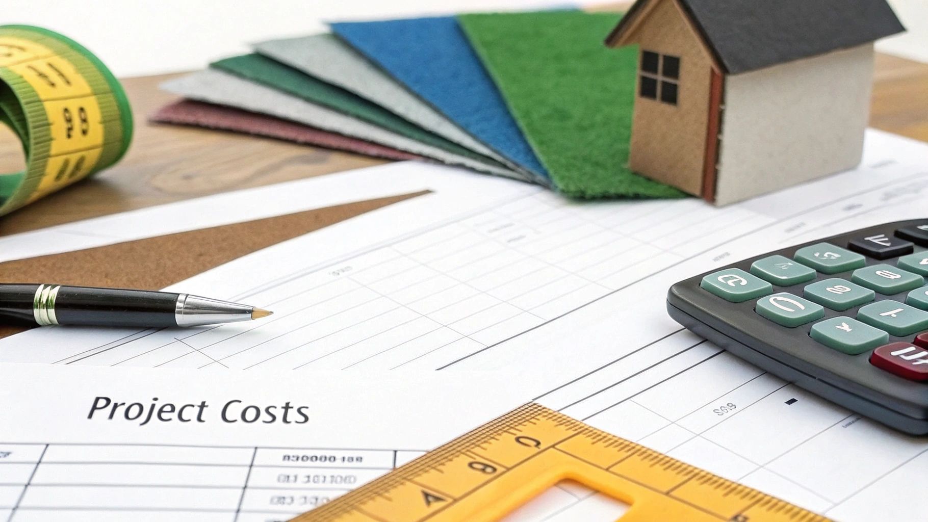 A close-up of a desk with a 'Project Costs' document, pen, calculator, material samples, and a model house.
