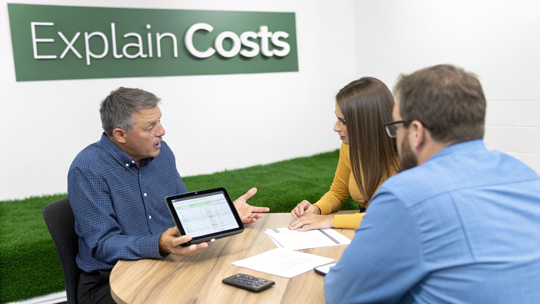 Three people discuss costs at a table, with one man explaining data on a tablet.