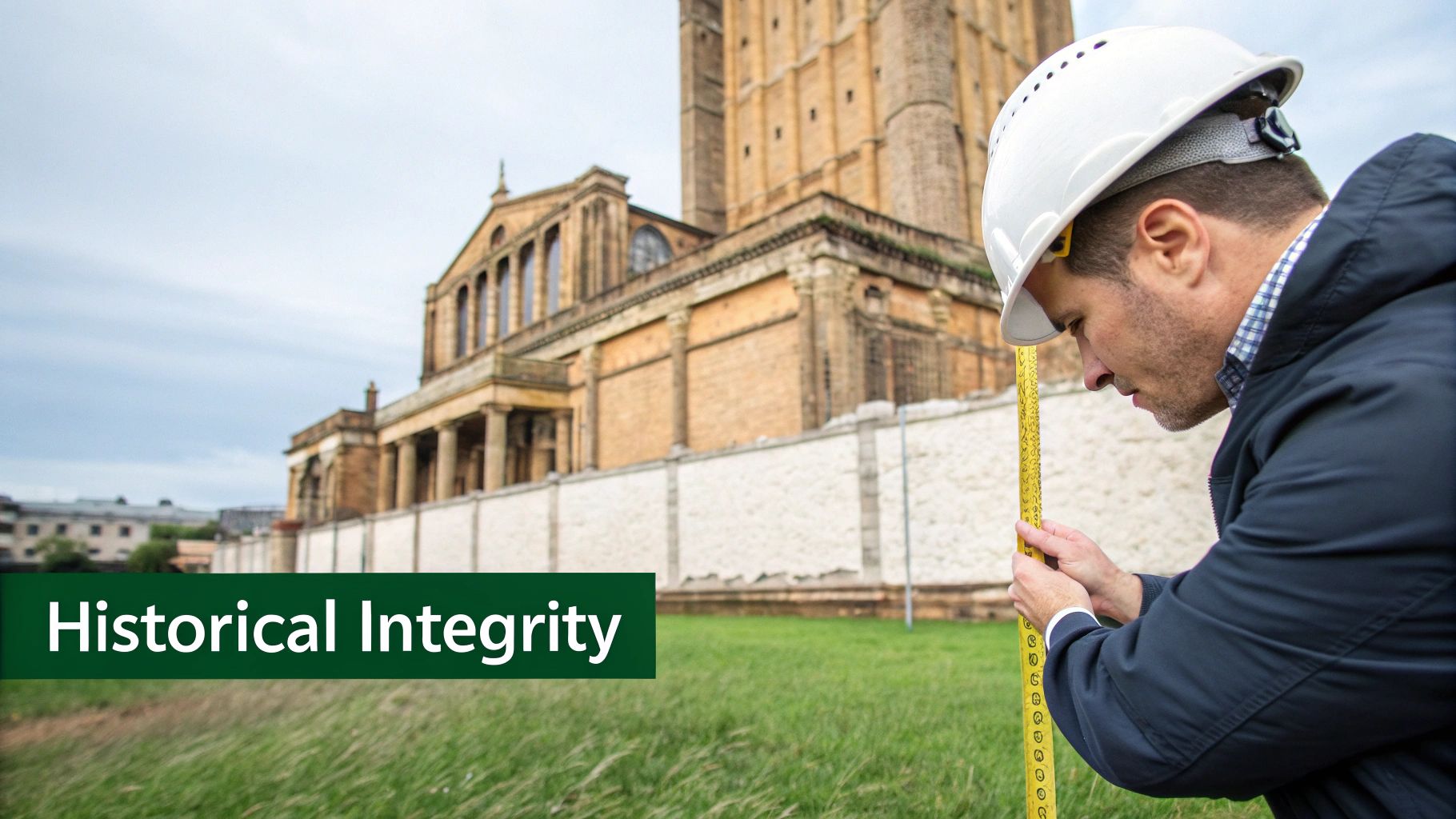 Architect reviewing blueprints inside a historic building
