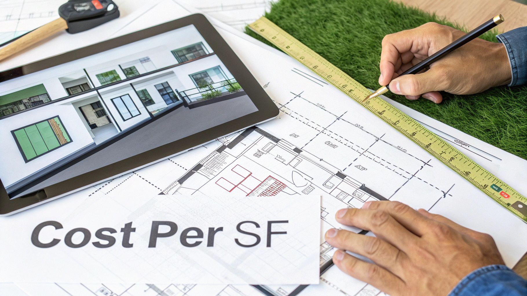Architect drawing on blueprints with a ruler, tablet showing a 3D house model, and 'Cost Per SF' document.